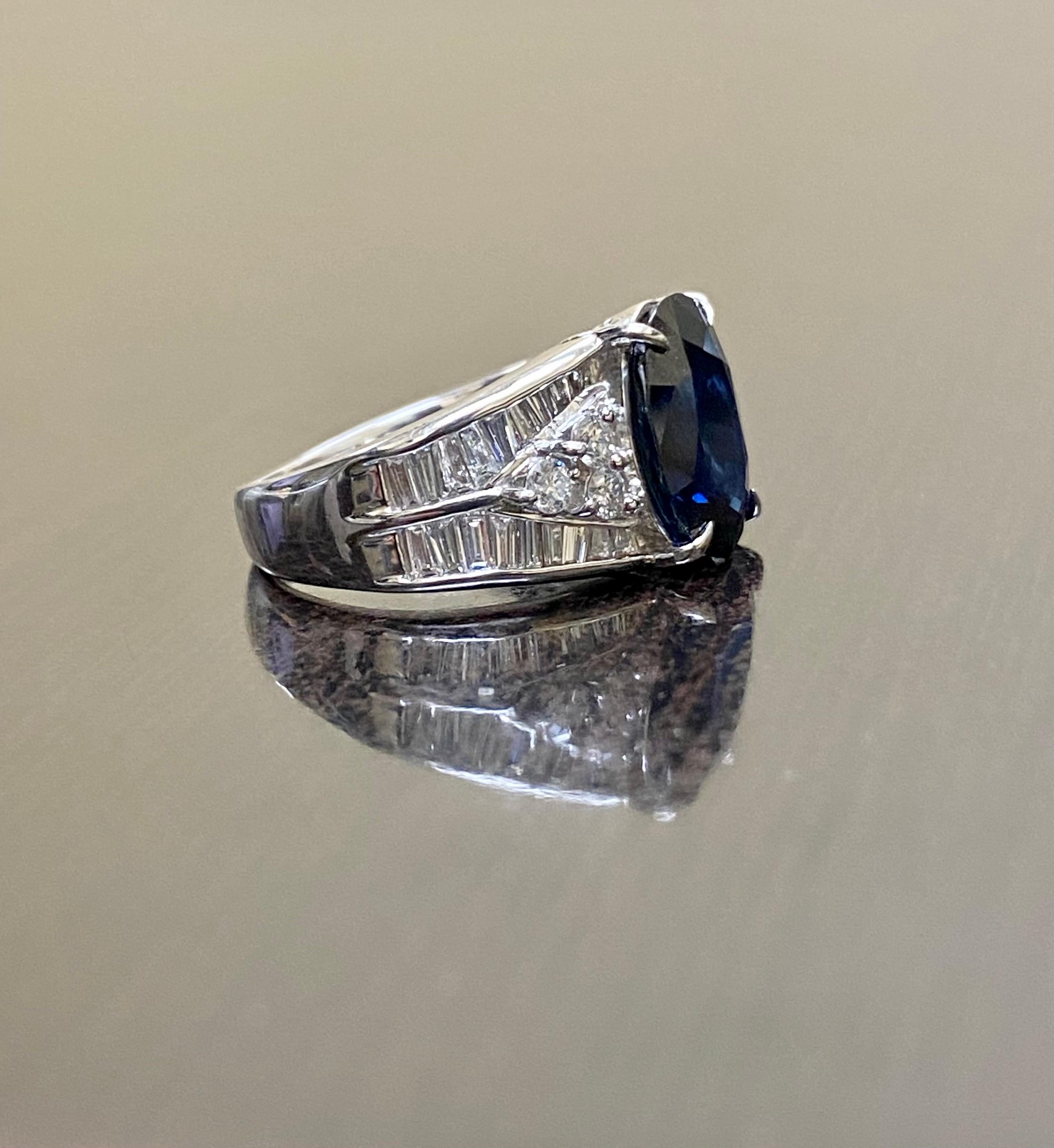 Platinum Baguette Diamond 4.51 Carat Oval Blue Sapphire Engagement Ring  For Sale 1