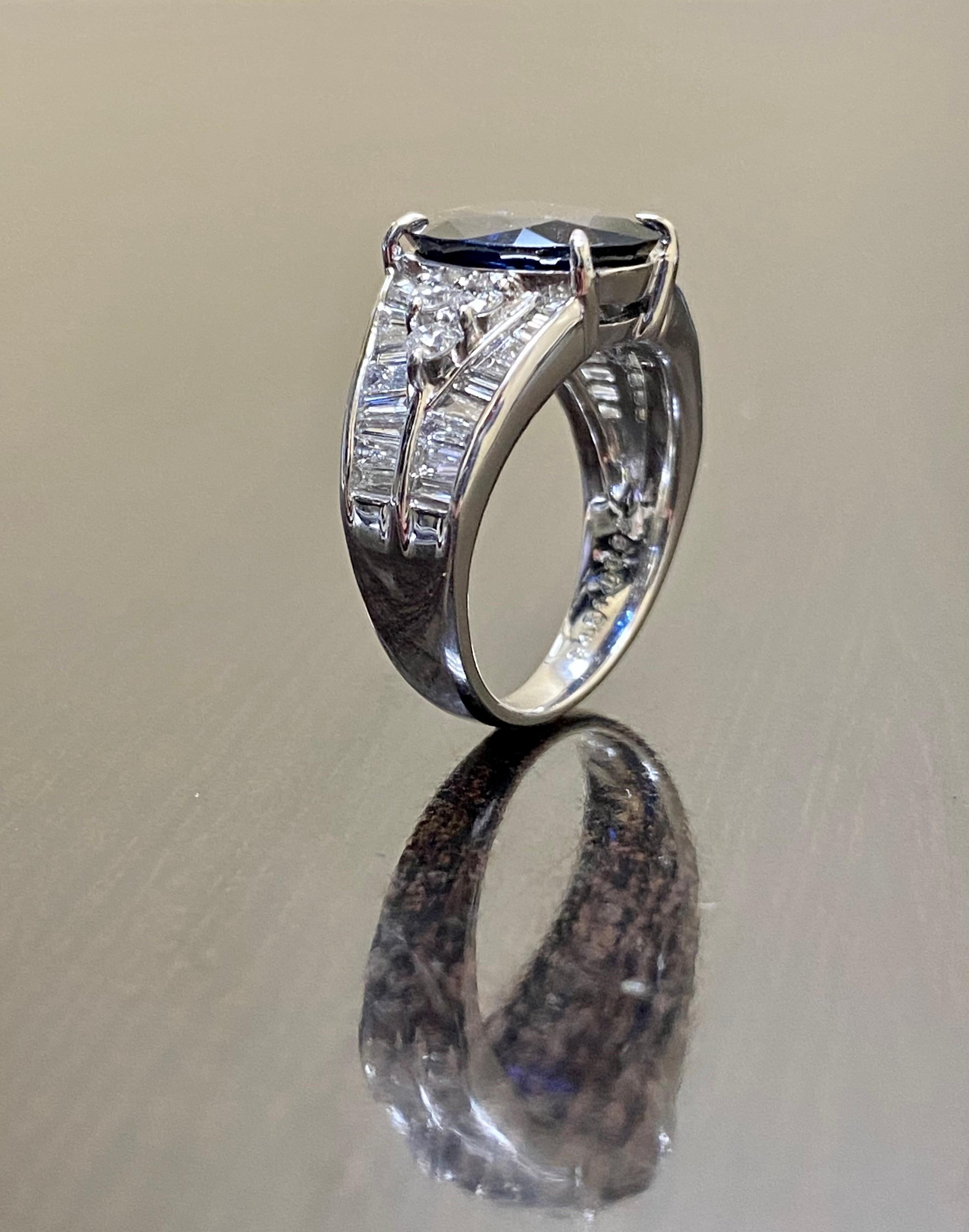 Platinum Baguette Diamond 4.51 Carat Oval Blue Sapphire Engagement Ring  For Sale 2
