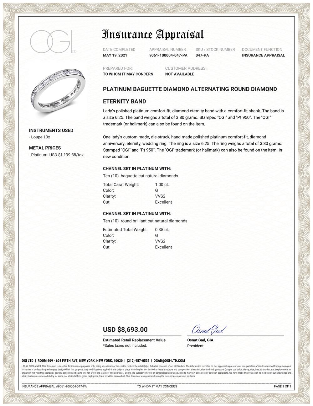 Platinum baguette shape diamond alternating with round diamond channel set ring
Baguette Diamond weighing 1.00 carat
Round diamond weighing 0.35 carats
Diamond quality G VS
New Ring
Three-millimeter eternity wedding ring 
Ring size 6.25 In