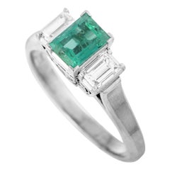 Platinum Baguette Diamond and Emerald Rectangle Ring