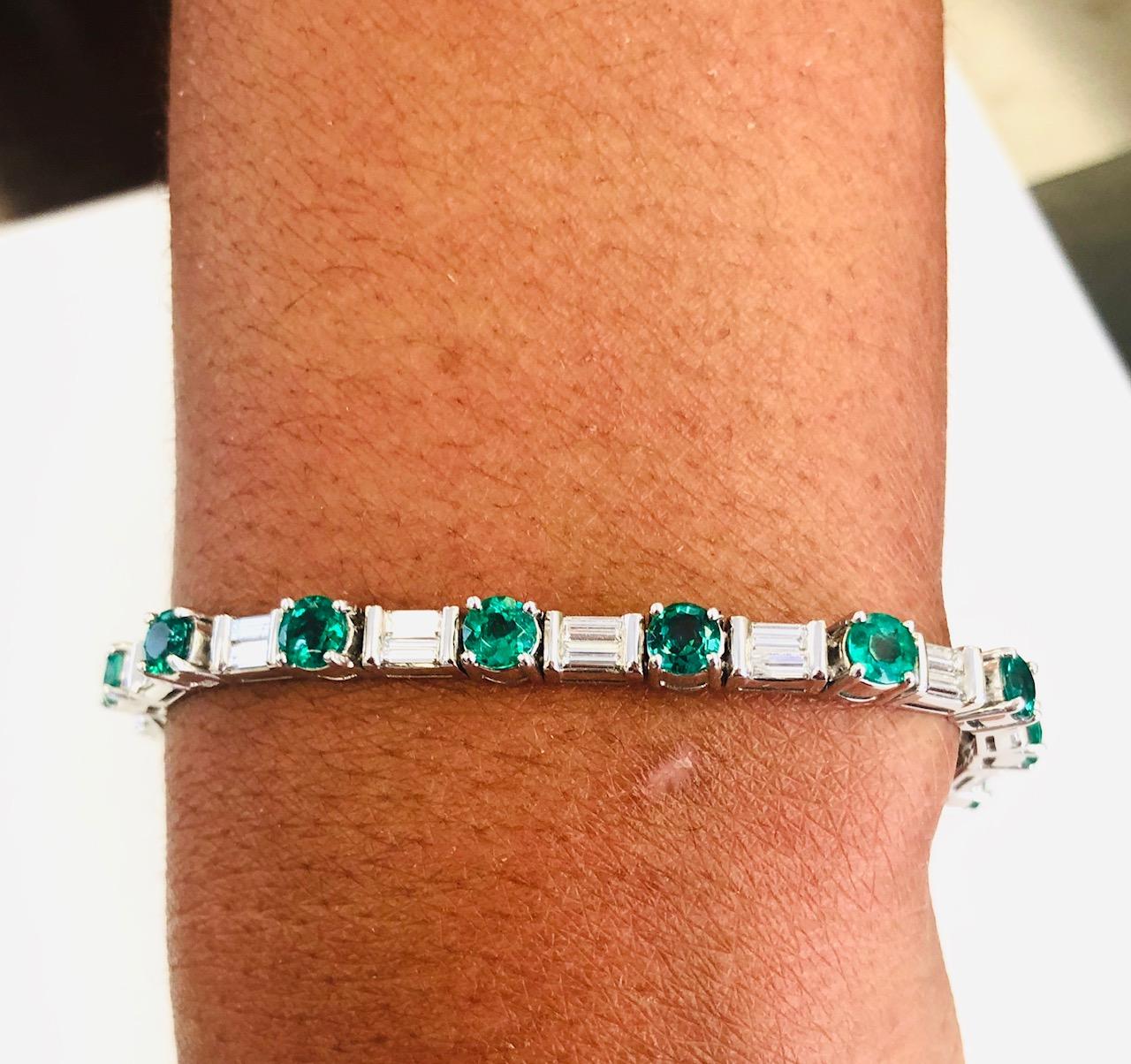 Contemporary Platinum Baguette Diamond and Fine Emerald Line Bracelet For Sale