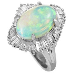 Platinum Baguette Diamond and Opal Oval Ring
