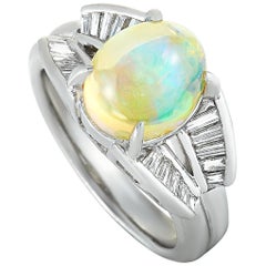 Platinum Baguette Diamond and Opal Ring
