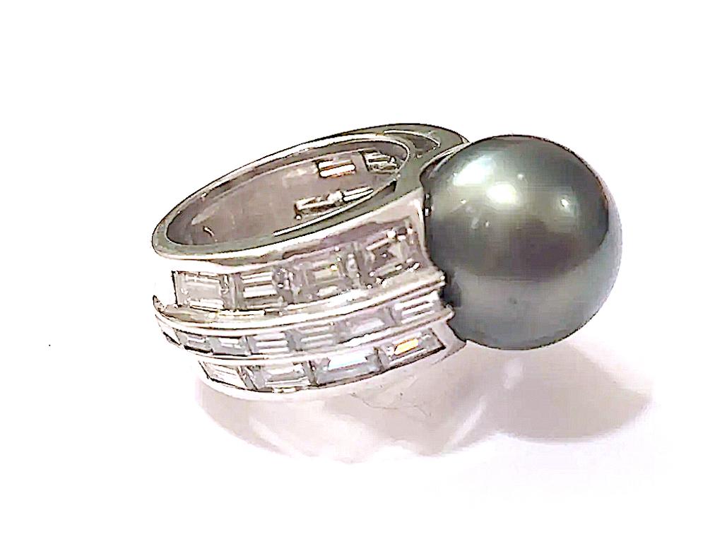 Baguette Cut A. Clunn Platinum Baguette Diamond and South Sea Pearl Ring For Sale