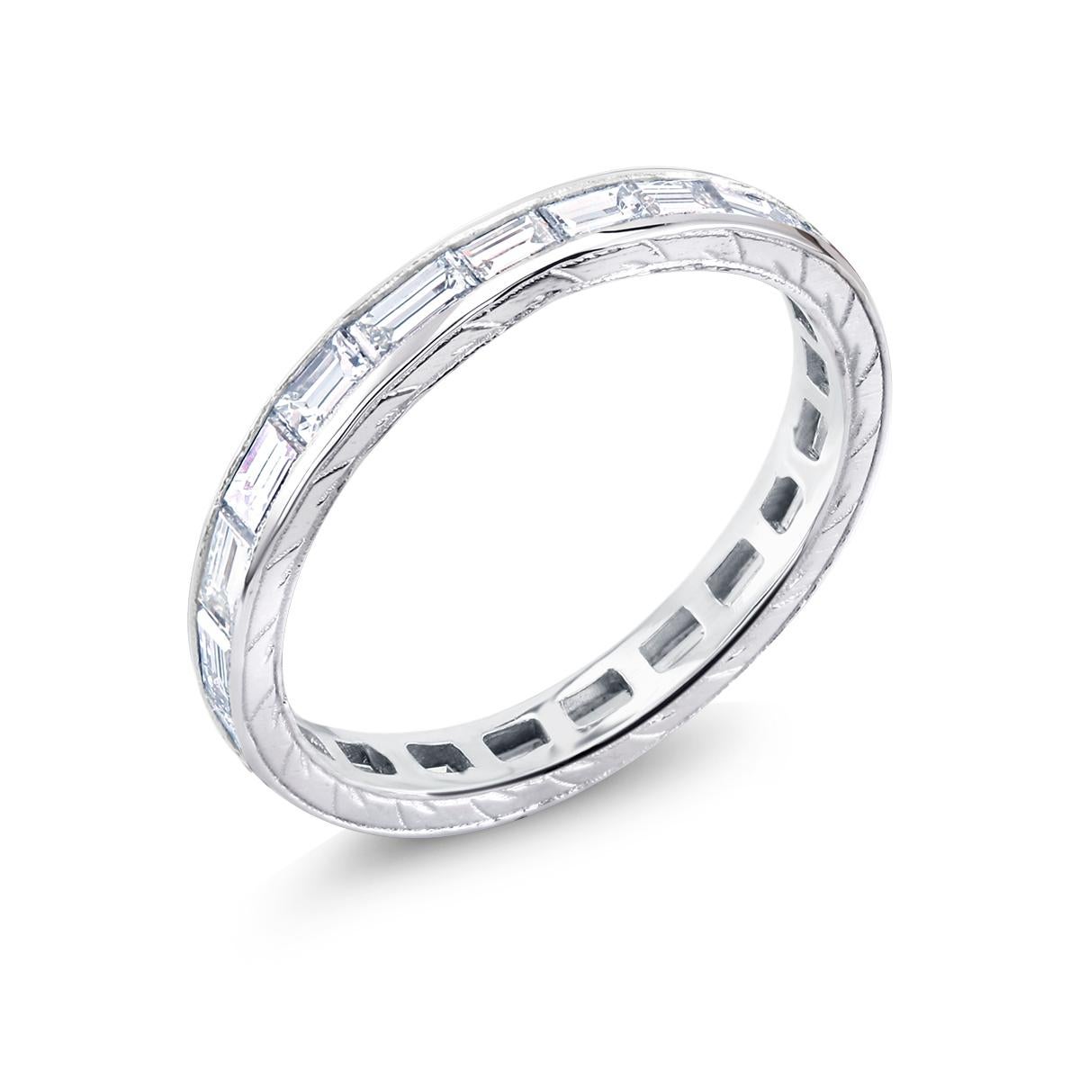 Platinum Baguette Diamond Engraved Eternity Band Weighing 1.50 Carat In New Condition In New York, NY