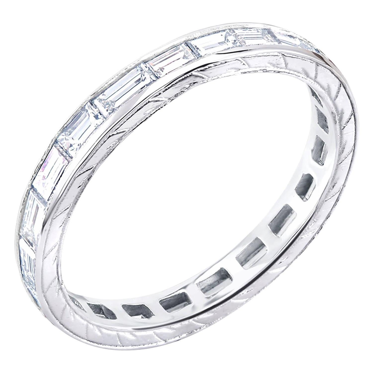 Platinum Baguette Diamond Engraved Eternity Band Weighing 1.50 Carat