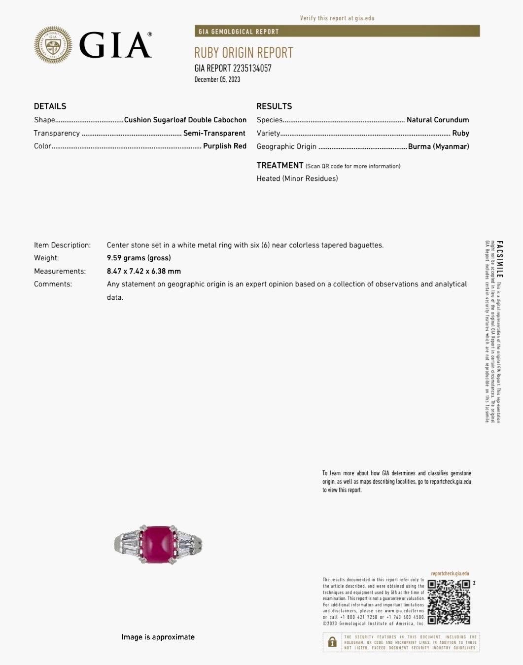 DeKara Designs Collection

Art Deco Inspired Extremely Elegant Vintage Inspired Baguette Diamond Cushion Cut Sugar Loaf Burmese Ruby Engagement Ring.

Metal- 90% Platinum, 10% Iridium. 

Ring Comes With GIA Certificate.
GIA Report Number