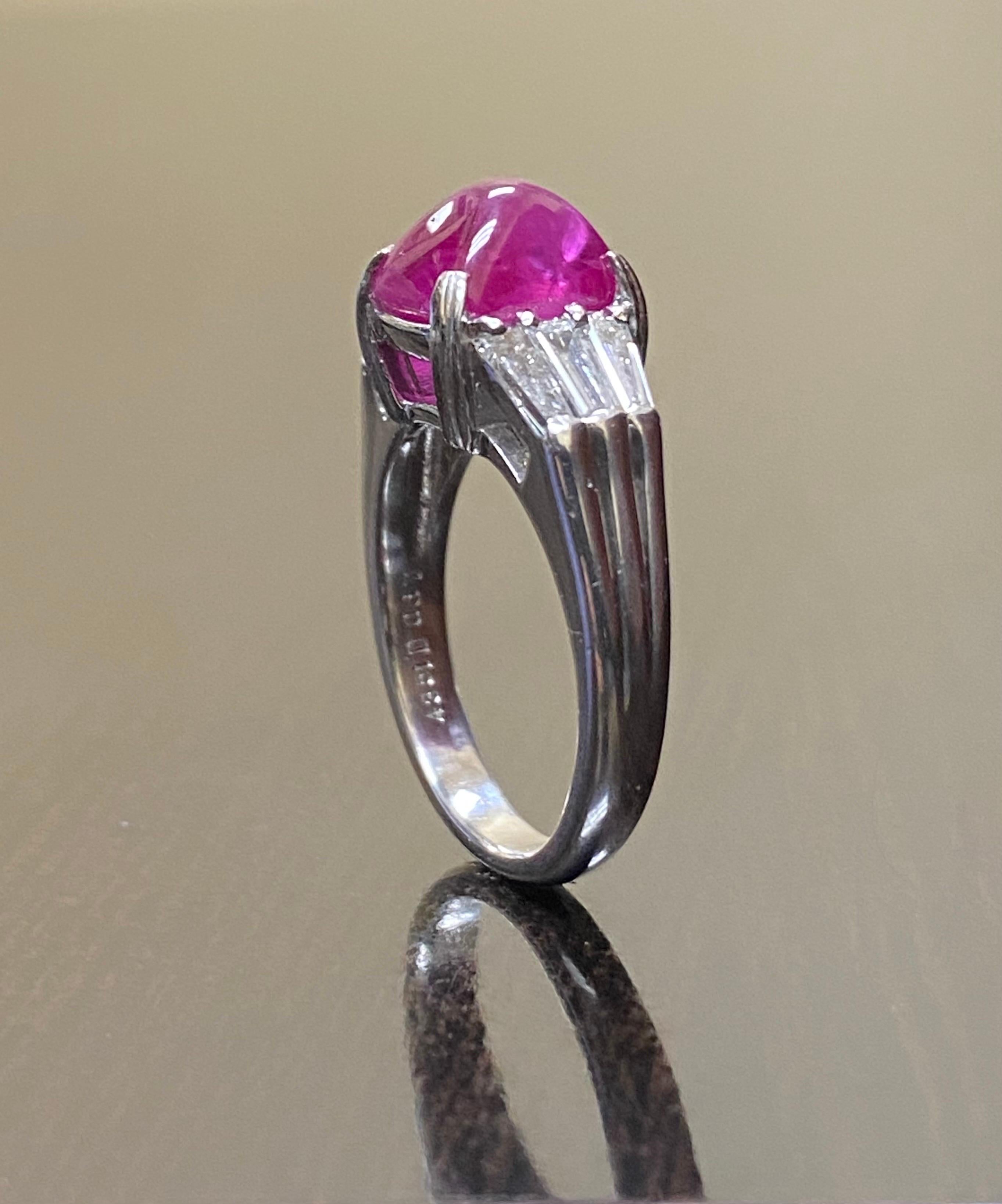 Art Deco Platinum Baguette Diamond GIA Certified 4.35 Carat Sugar Loaf Burmese Ruby Ring For Sale