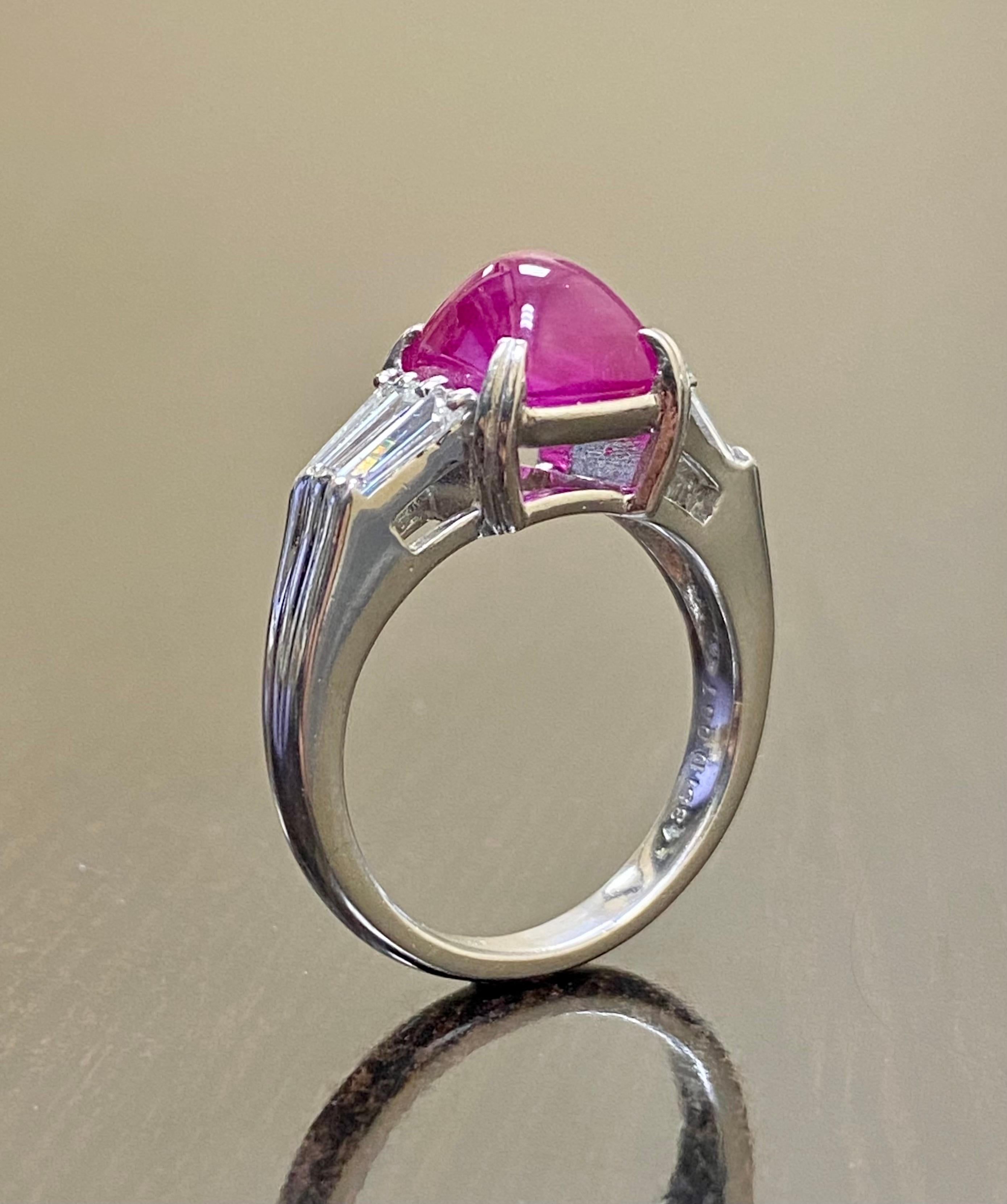 Sugarloaf Cabochon Platinum Baguette Diamond GIA Certified 4.35 Carat Sugar Loaf Burmese Ruby Ring For Sale