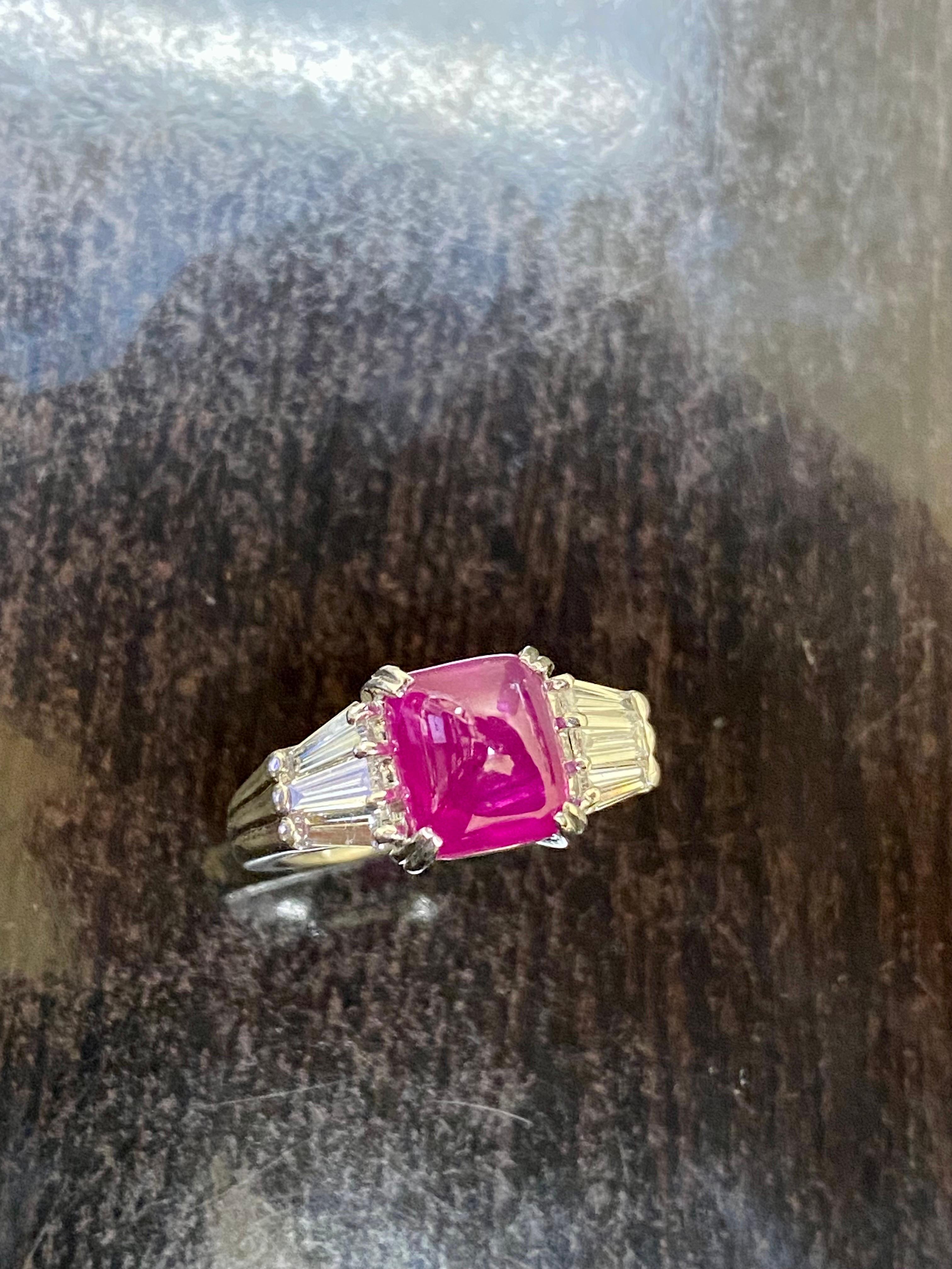 Platinum Baguette Diamond GIA Certified 4.35 Carat Sugar Loaf Burmese Ruby Ring In New Condition For Sale In Los Angeles, CA