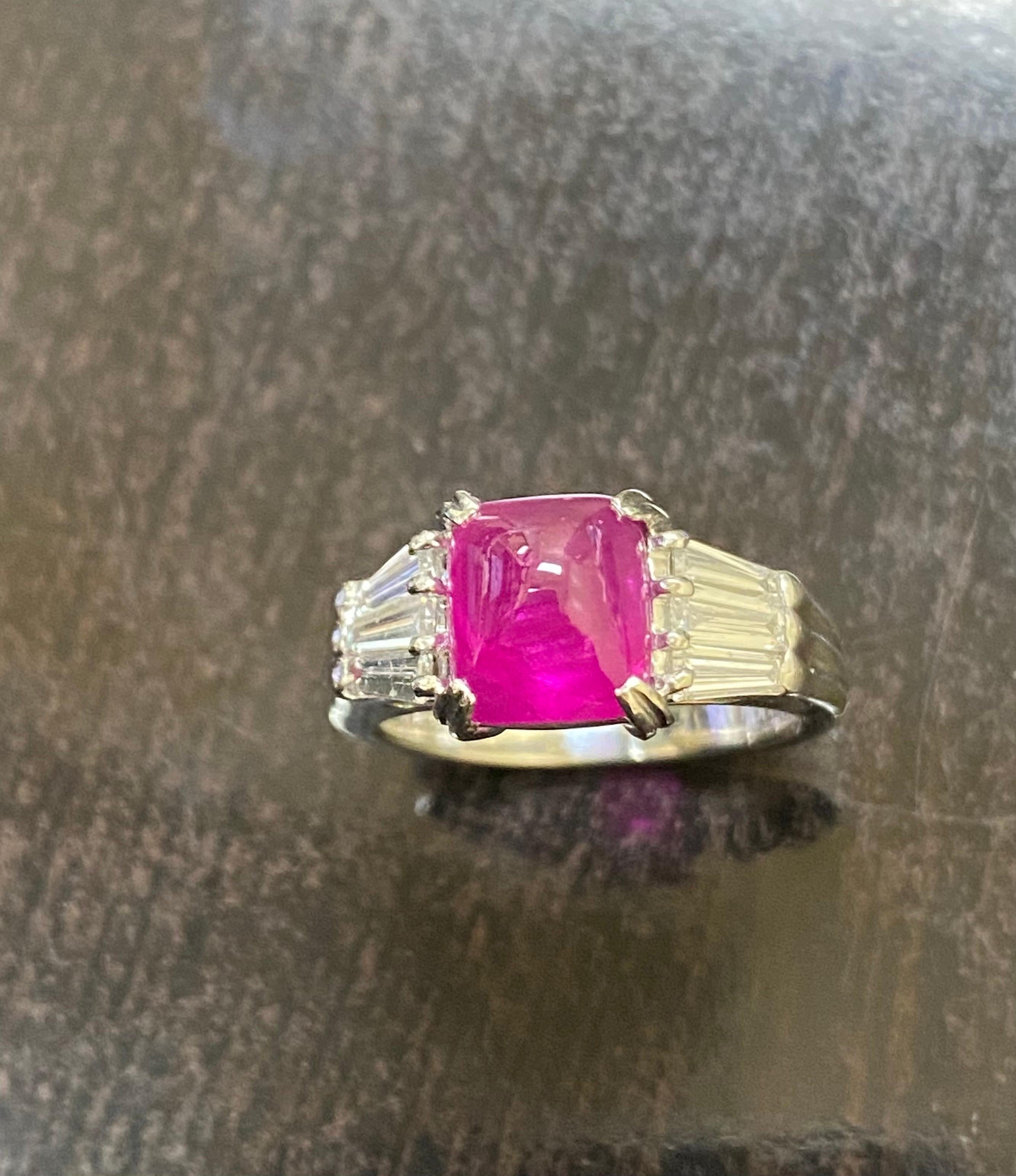Women's Platinum Baguette Diamond GIA Certified 4.35 Carat Sugar Loaf Burmese Ruby Ring For Sale