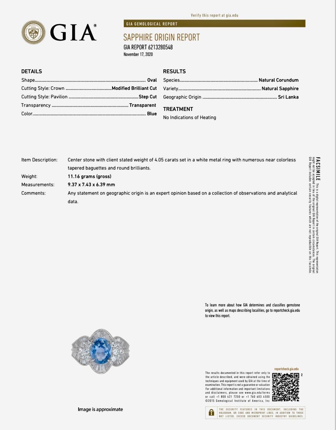 Platinum Baguette Diamond GIA Certified Oval 4.05 No Heat Blue Sapphire Ring For Sale 10
