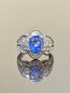Platinum Baguette Diamond GIA Certified Oval 4.05 No Heat Blue Sapphire Ring