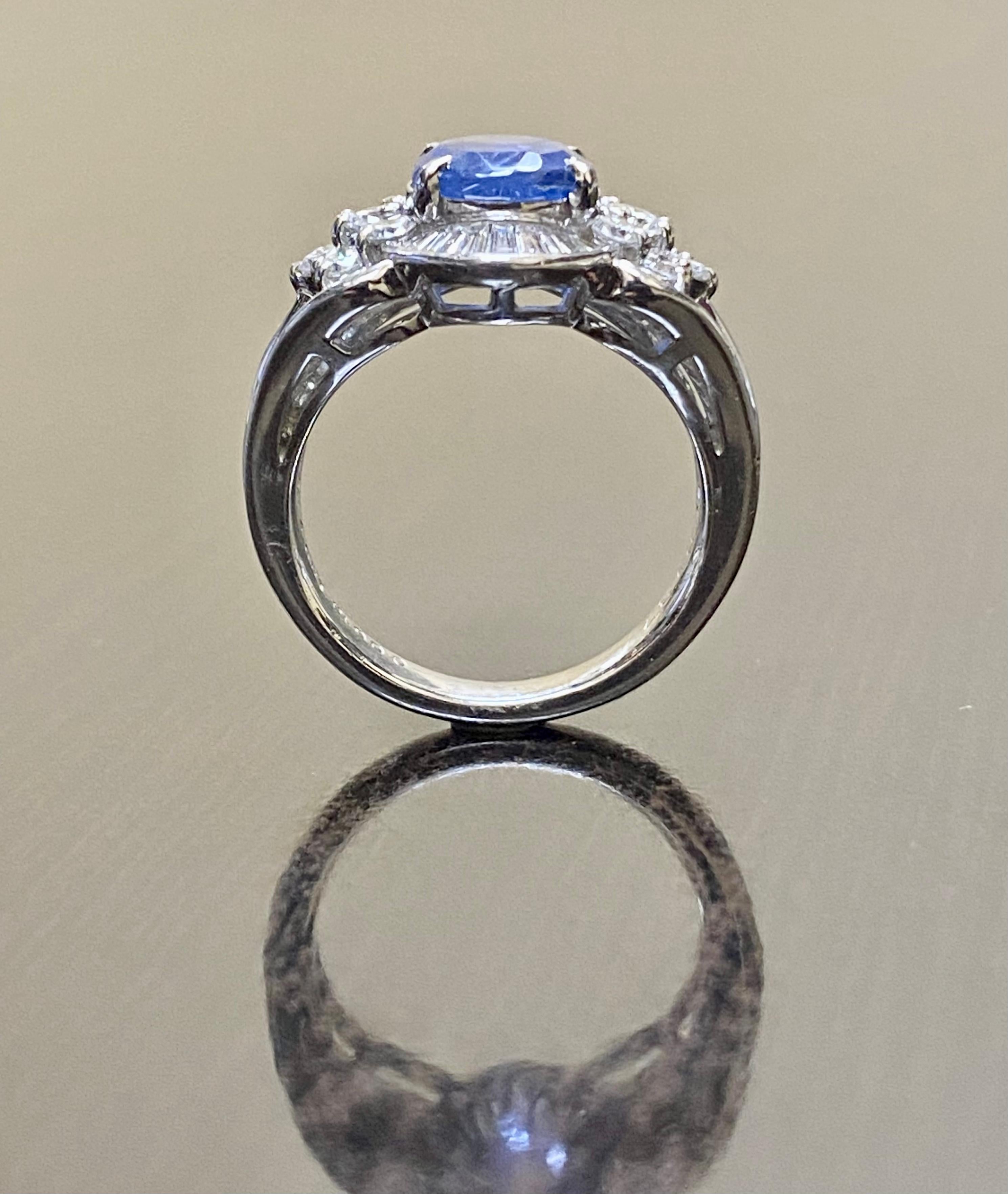 Platinum Baguette Diamond GIA Certified Oval 4.05 No Heat Blue Sapphire Ring In New Condition For Sale In Los Angeles, CA