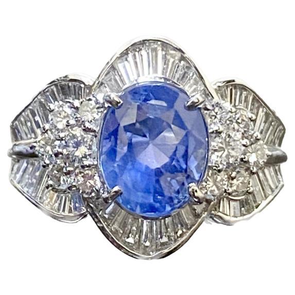 Platinum Baguette Diamond GIA Certified Oval 4.05 No Heat Blue Sapphire Ring For Sale
