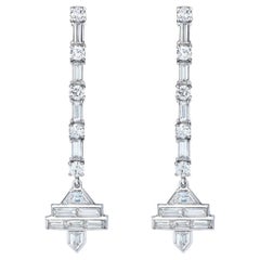 Platinum Baguette Diamond Long Dangling Earrings