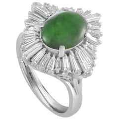 Platinum Baguette Diamond Pave Oval Jade Band Ring