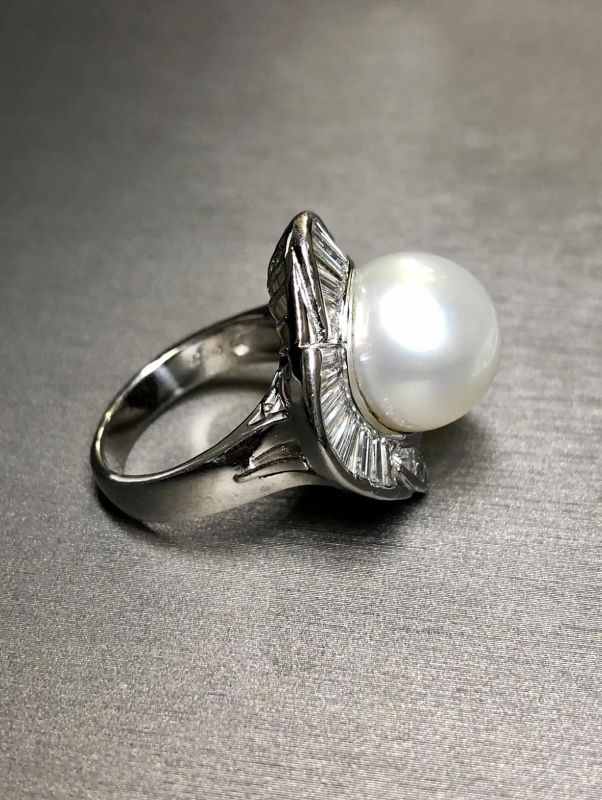 Platinum Baguette Diamond South Sea Pearl Ring 1