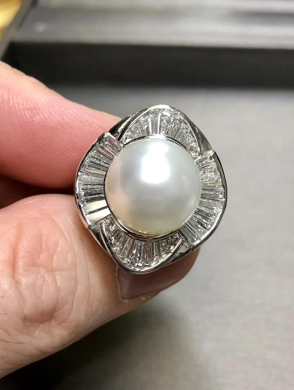Platinum Baguette Diamond South Sea Pearl Ring 2