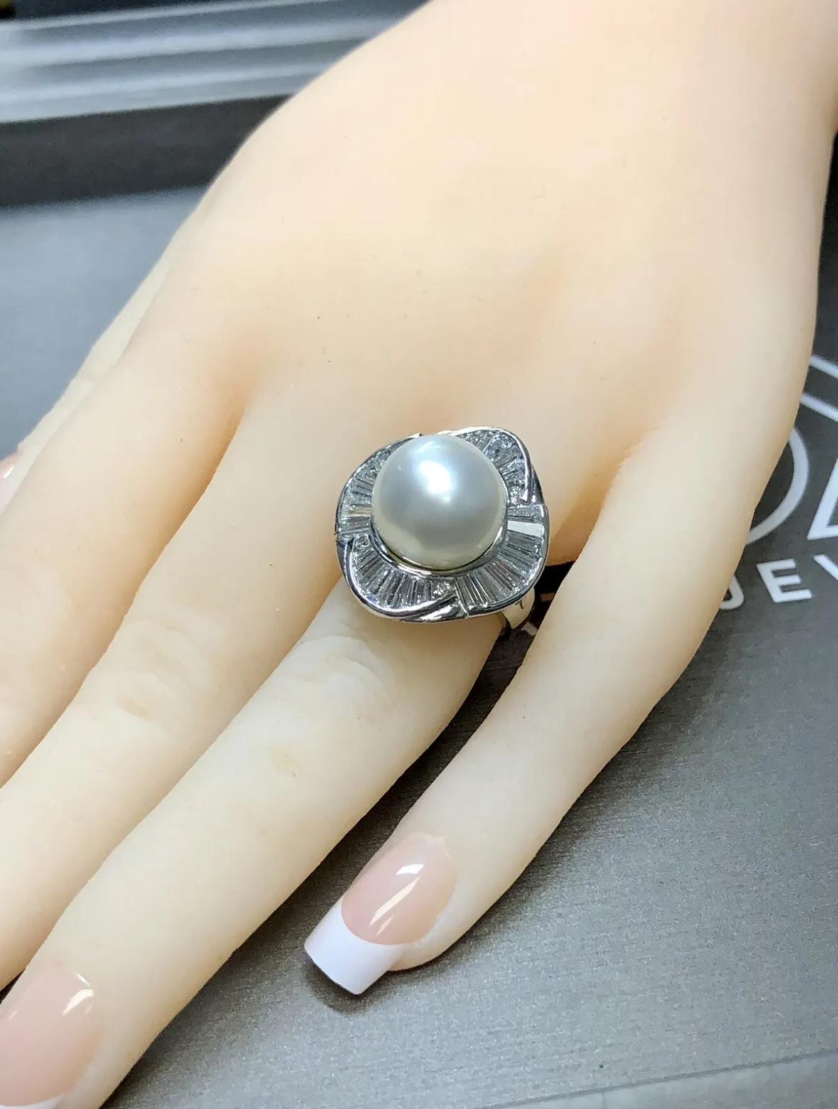 Platinum Baguette Diamond South Sea Pearl Ring 5