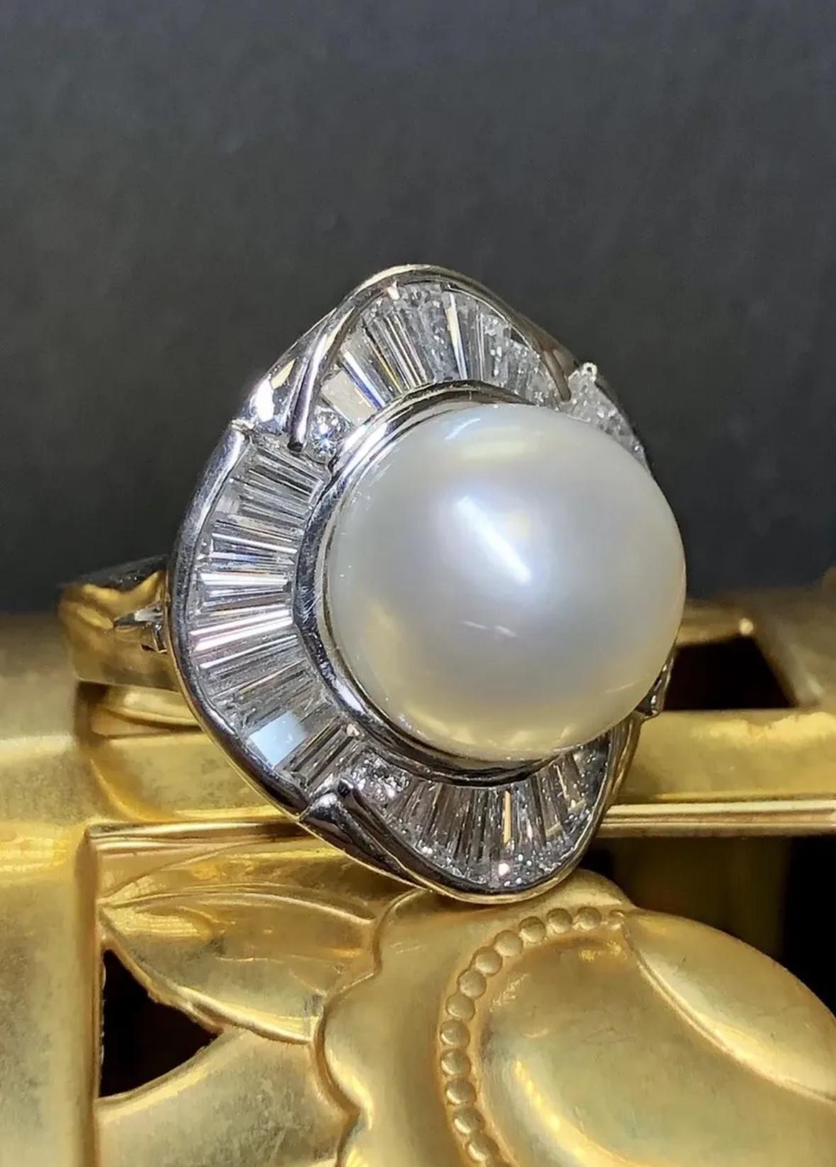 Contemporary Platinum Baguette Diamond South Sea Pearl Ring