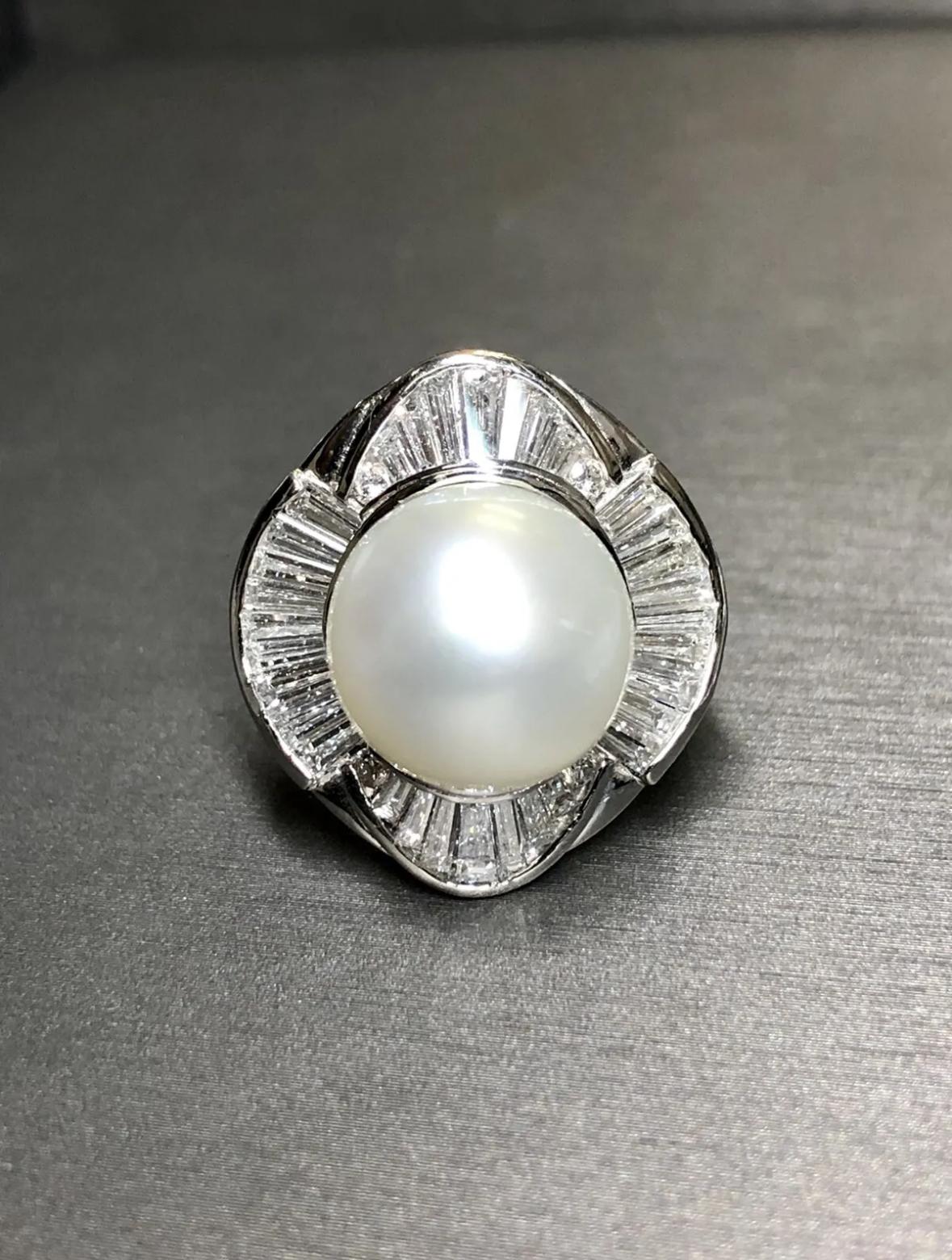 Women's or Men's Platinum Baguette Diamond South Sea Pearl Ring