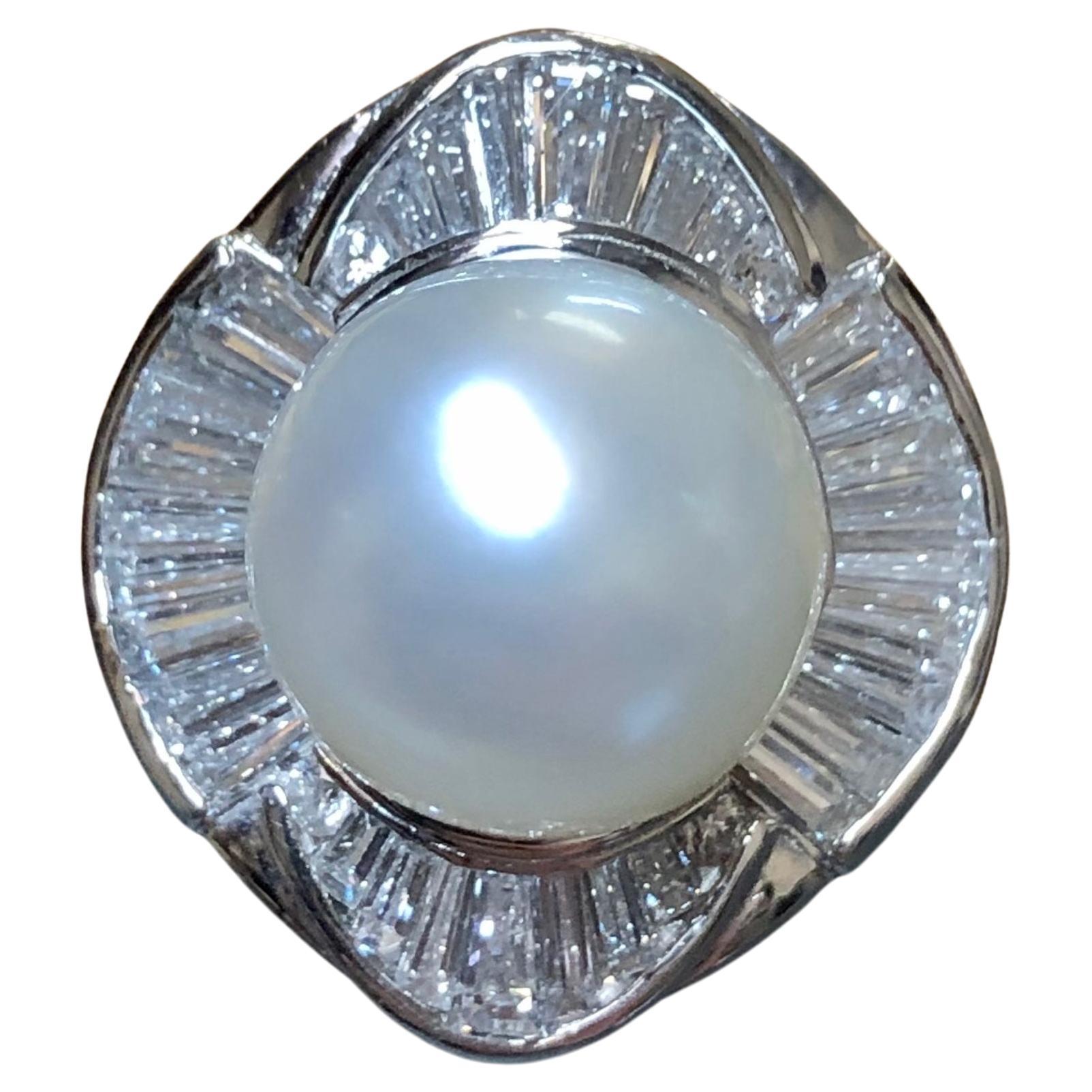 Platinum Baguette Diamond South Sea Pearl Ring