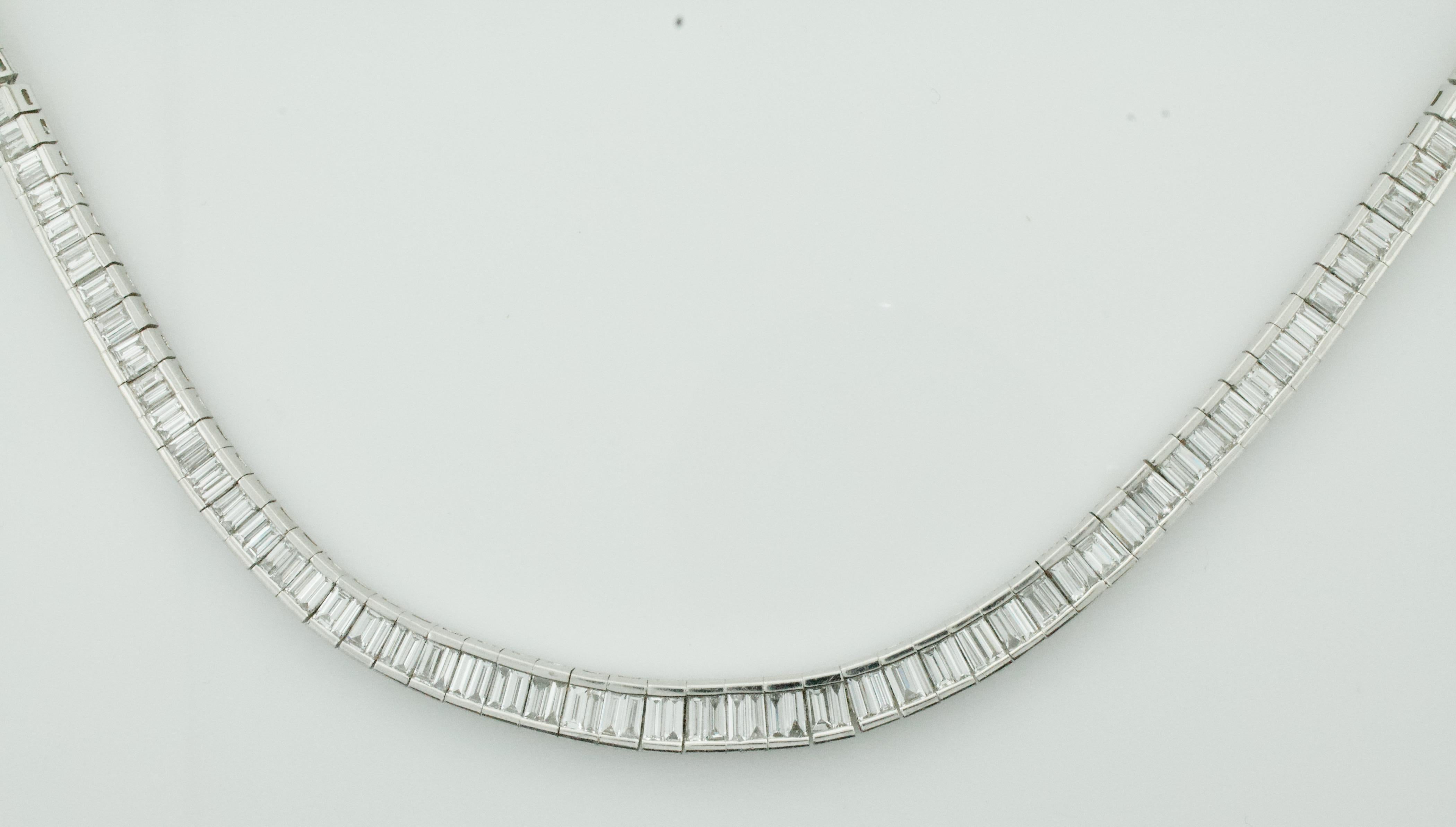 Platinum Baguette Diamond Straight Line Necklace 17.50 carats
142 baguette Cut Diamonds Weighing 17.50 Carats Approximately [HI VVS-VS2] [bright with no imperfections visible to the naked eye]

17 Inches in Length
6.2mm max 4.3 min

A Platinum