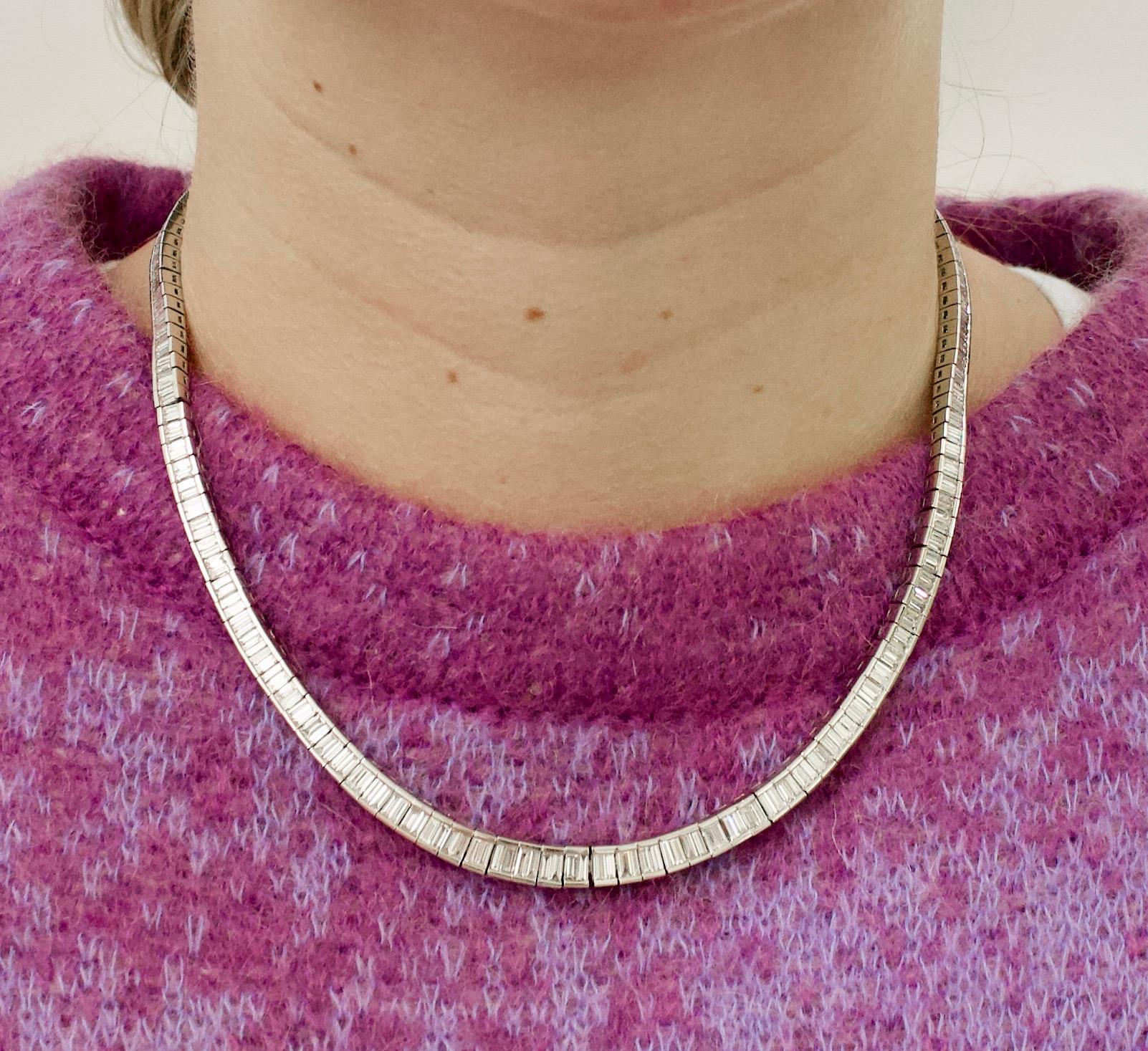 Women's or Men's Platinum Baguette Diamond Straight Line Necklace 17.50 carats For Sale