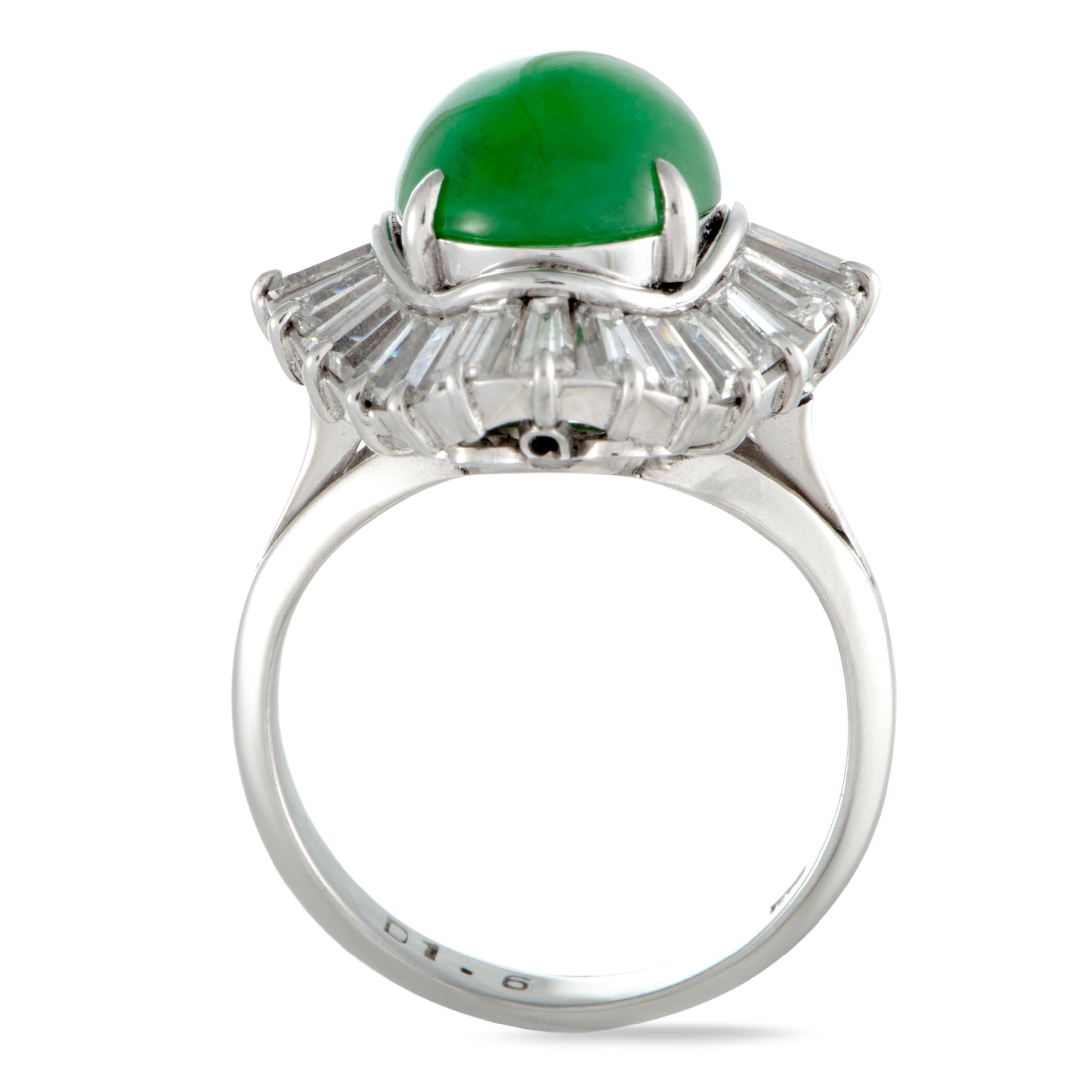 The inherent visual appeal and renowned classic elegance of the perfectly smooth green jade is brilliantly countered by the mesmerizing presence of the exquisitely cut diamonds weighing in total 1.60 carats in this remarkably tasteful platinum
