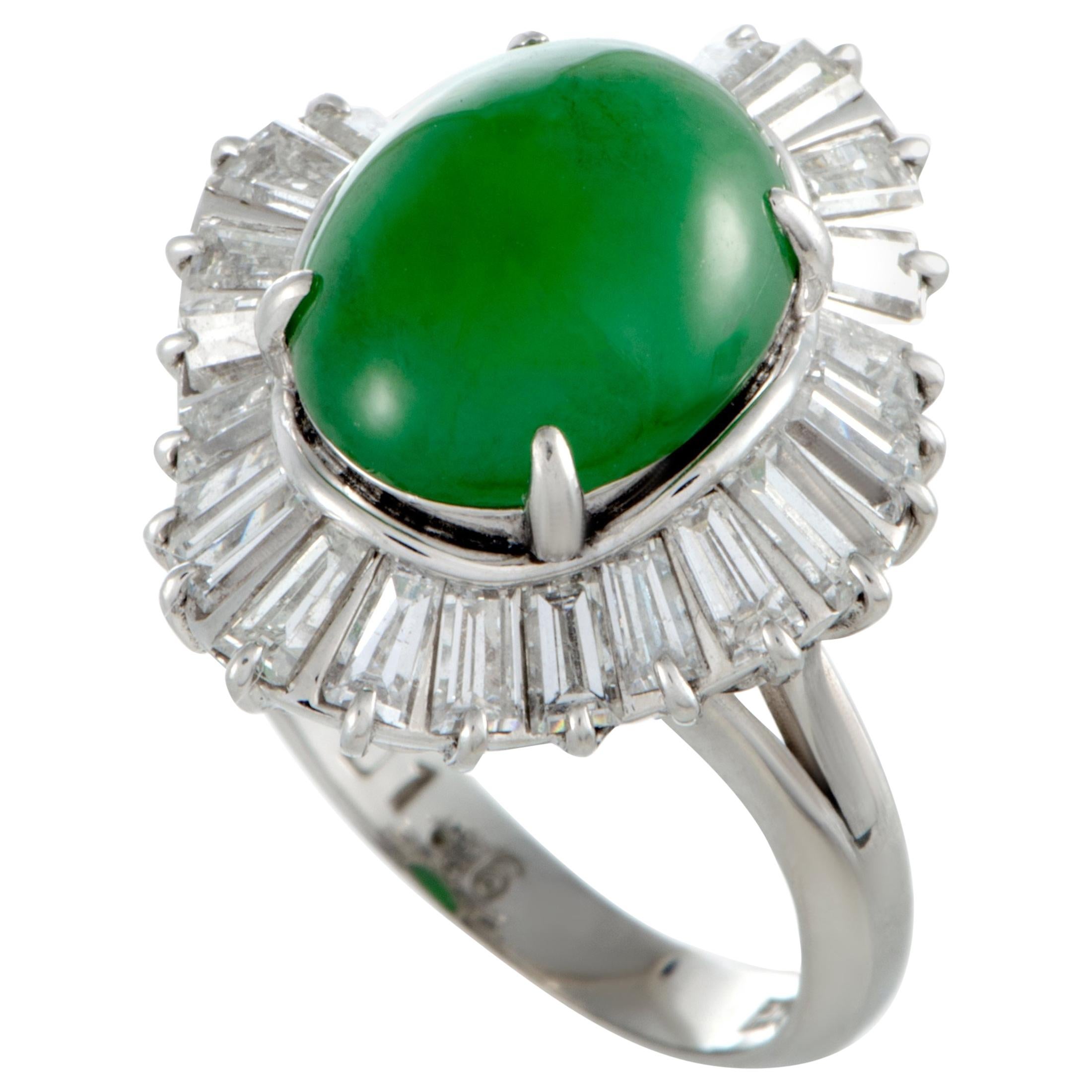 Platinum Baguette Diamonds and Oval Jade Ring