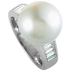 Platinum Baguette Diamonds and Pearl Ring