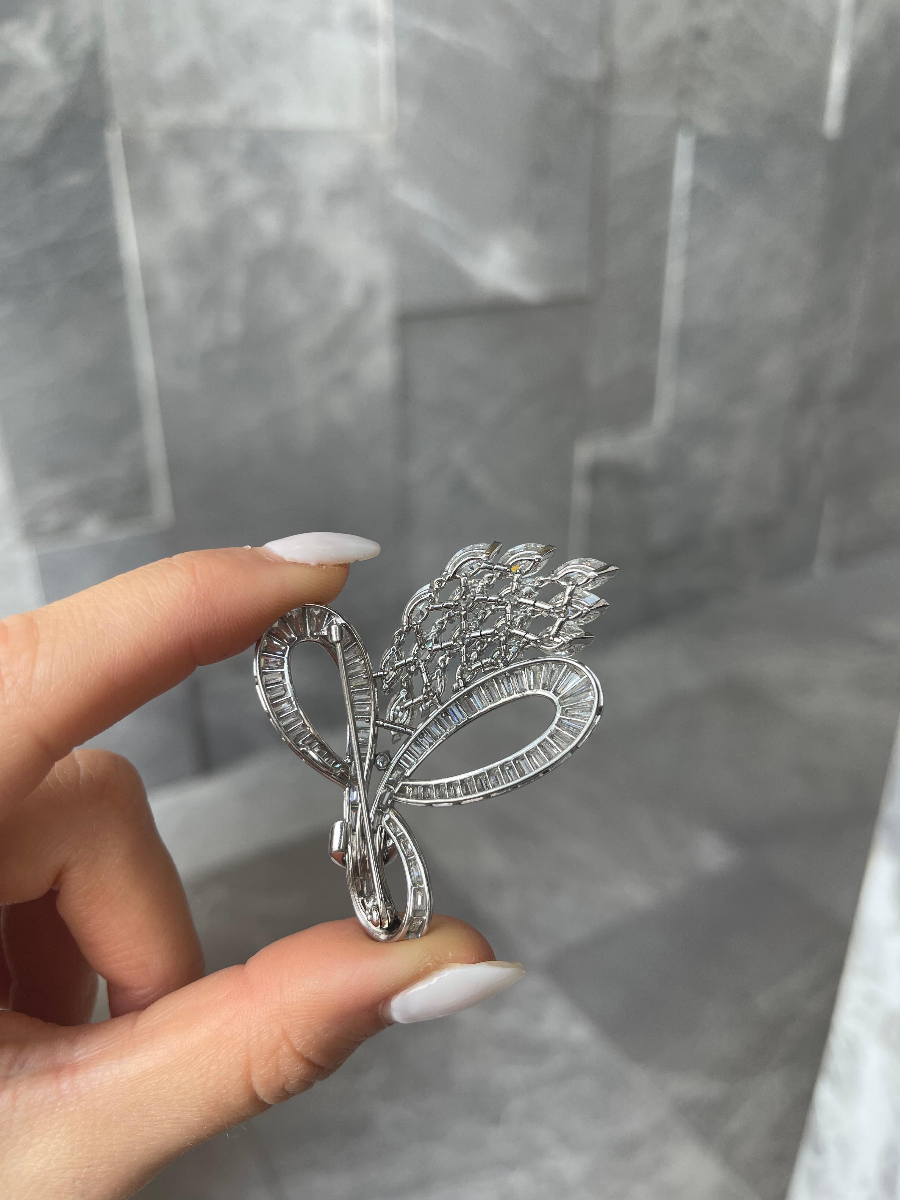 Platinum Baguette & Marquise Diamond Brooch In Good Condition For Sale In Toronto, CA