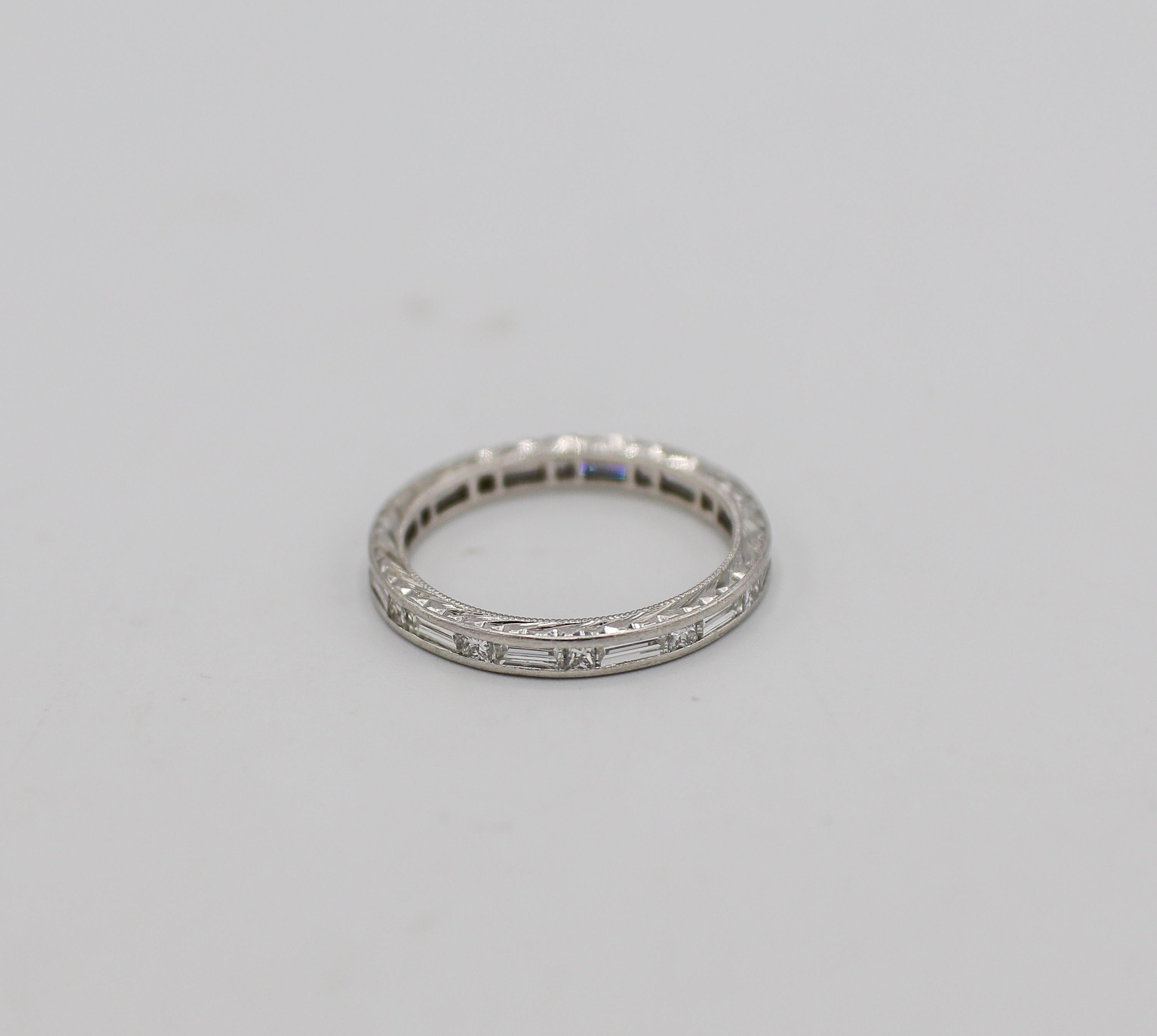 Retro Platinum Baguette & Princess Cut 1.00 Carat Natural Diamond Eternity Band Ring