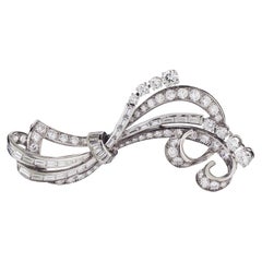 Platinum Baguette & Round Brilliant Cut Diamond Vintage Brooch