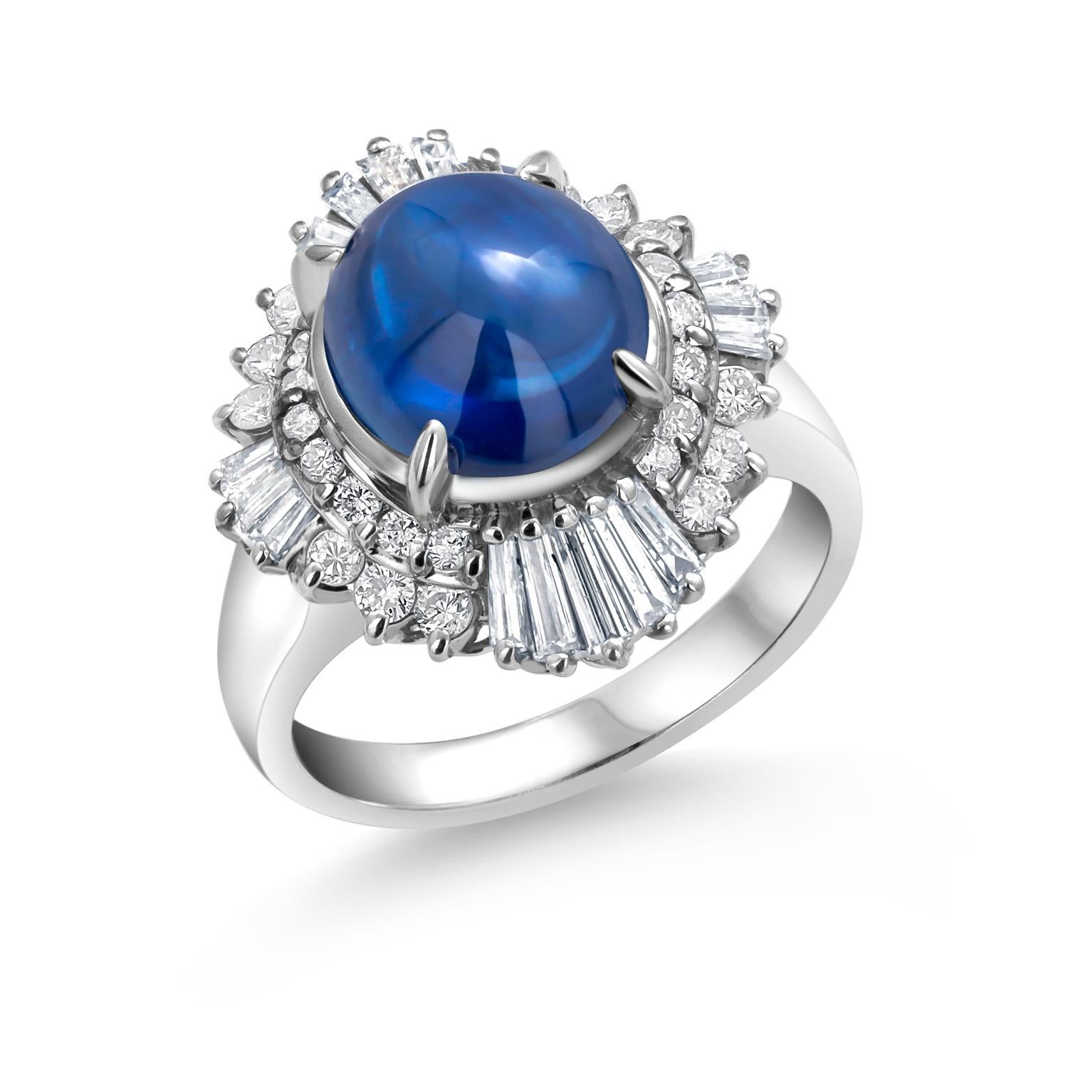 Platin Baguette-Cocktailring mit rundem Diamanten und Ceylon-Cabochon-Saphir 6 Karat 4