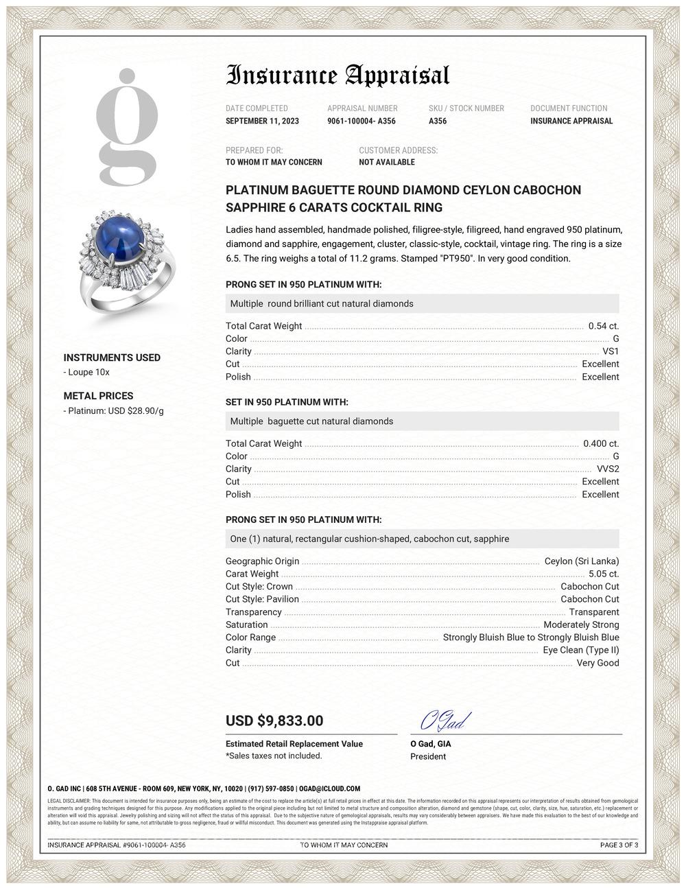 Unser exquisiter Baguette-Diamant aus Platin mit einem Gewicht von 0,95 Karat und ein Ceylon-Cabochon-Saphir in Kissenform mit einem Gewicht von 5,05 Karat sind ein wahres Meisterwerk, das zeitlose Eleganz mit einem Hauch von lebendiger Farbe