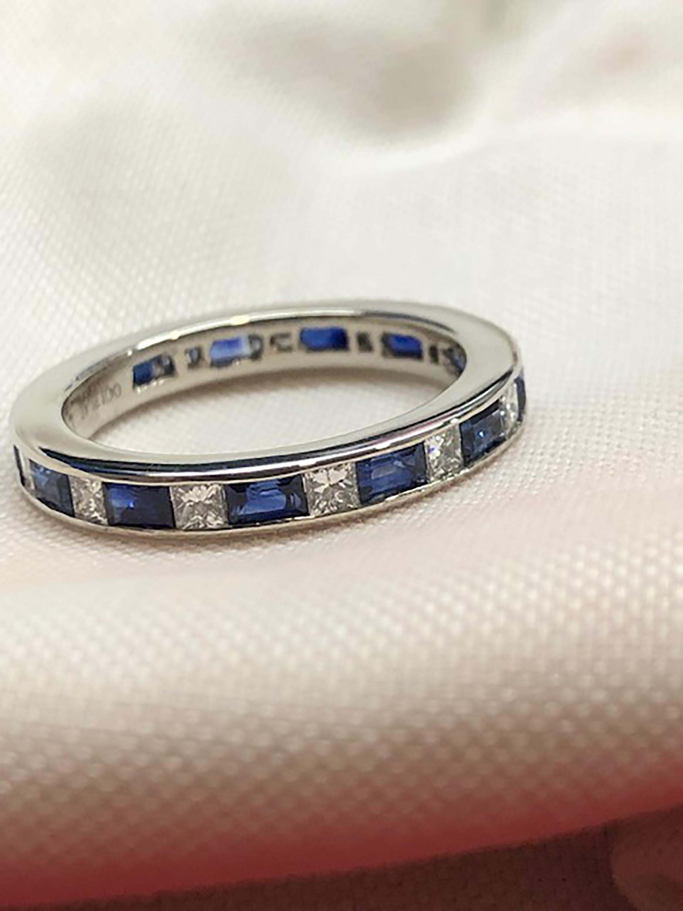 Platinum Baguette Sapphire Princess Diamond Eternity Ring In New Condition In New York, NY