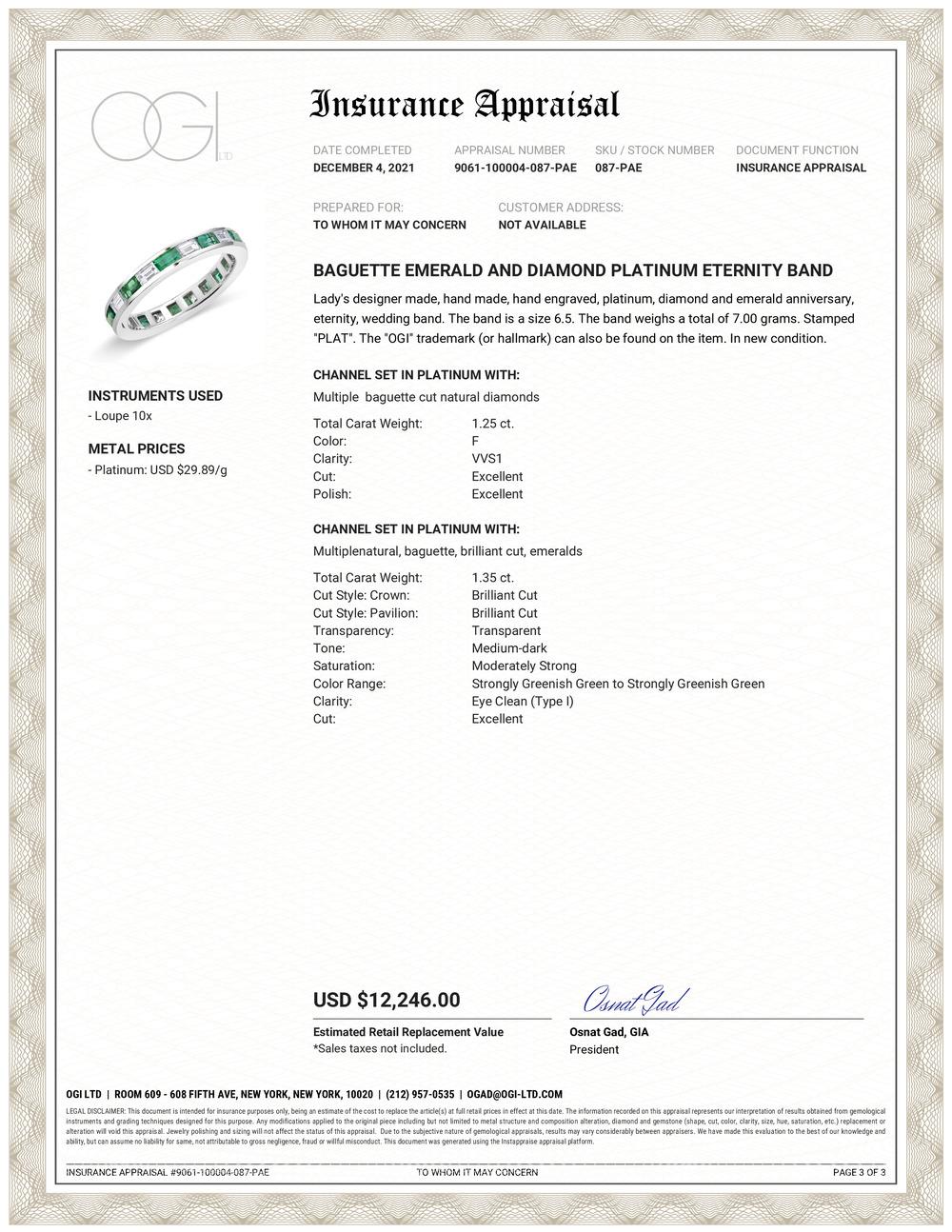 Platin Baguette-förmiger Diamant und Smaragd Kanal gesetzt Ewigkeit Hochzeit oder Jahrestag Ring 
Baguette-Diamant mit 1,25 Karat Gewicht
Baguette-Smaragde mit einem Gewicht von 1,35
Bandbreite 3,25 Millimeter 
Qualität des Diamanten G VS
Ringe sind
