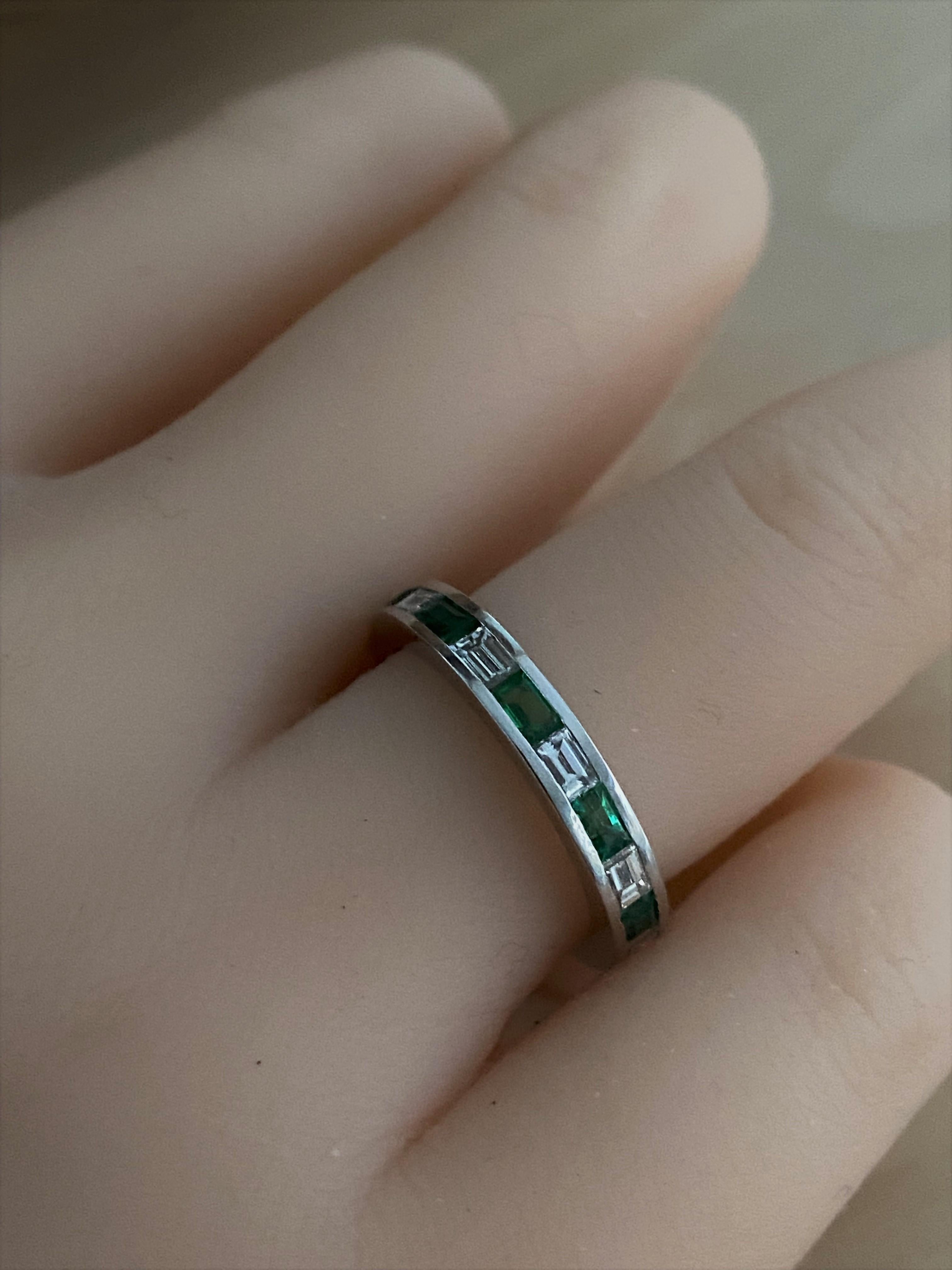 Contemporary Platinum Baguette Shape Emerald and Diamond Eternity Band For Sale