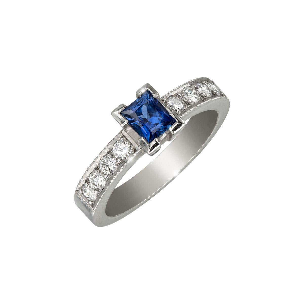 Contemporary Platinum Band Blue Sapphire Princess Ring with Diamonds, by Gloria Bass For Sale