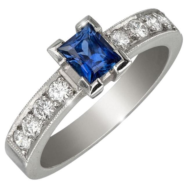 Platinum Band Blue Sapphire Princess Ring with Diamonds, by Gloria Bass For Sale