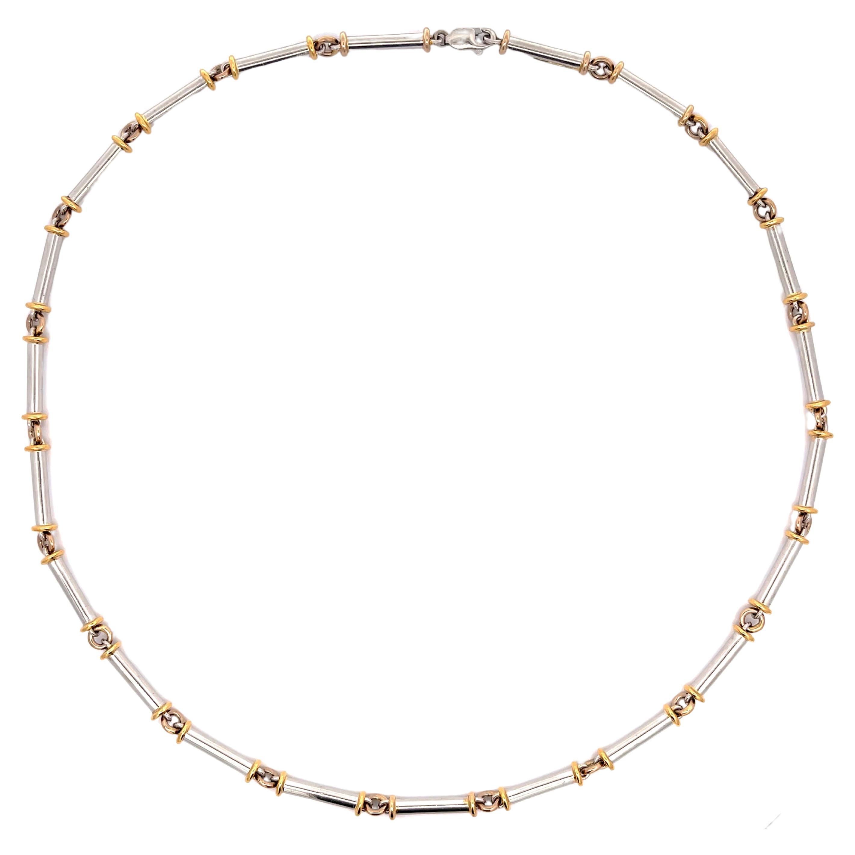 Platinum Barrel Sectional Necklace with 18k Yellow Gold Accents For Sale