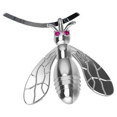 Platinum Bee Pendant Necklace with Rubies