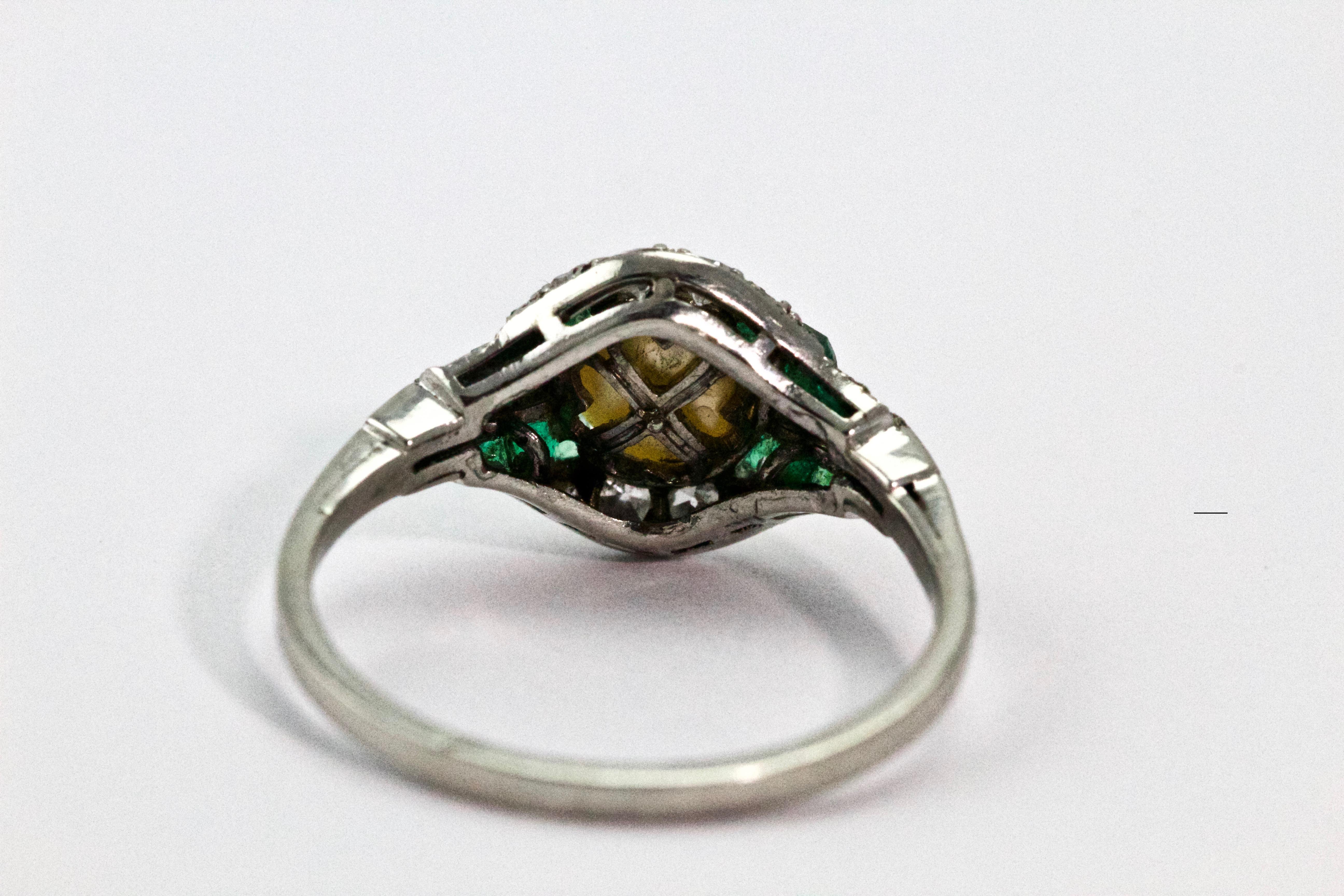 Platinum Belle Époque Emerald Natural Pearl and Diamond Cocktail Ring In Excellent Condition In Chipping Campden, GB
