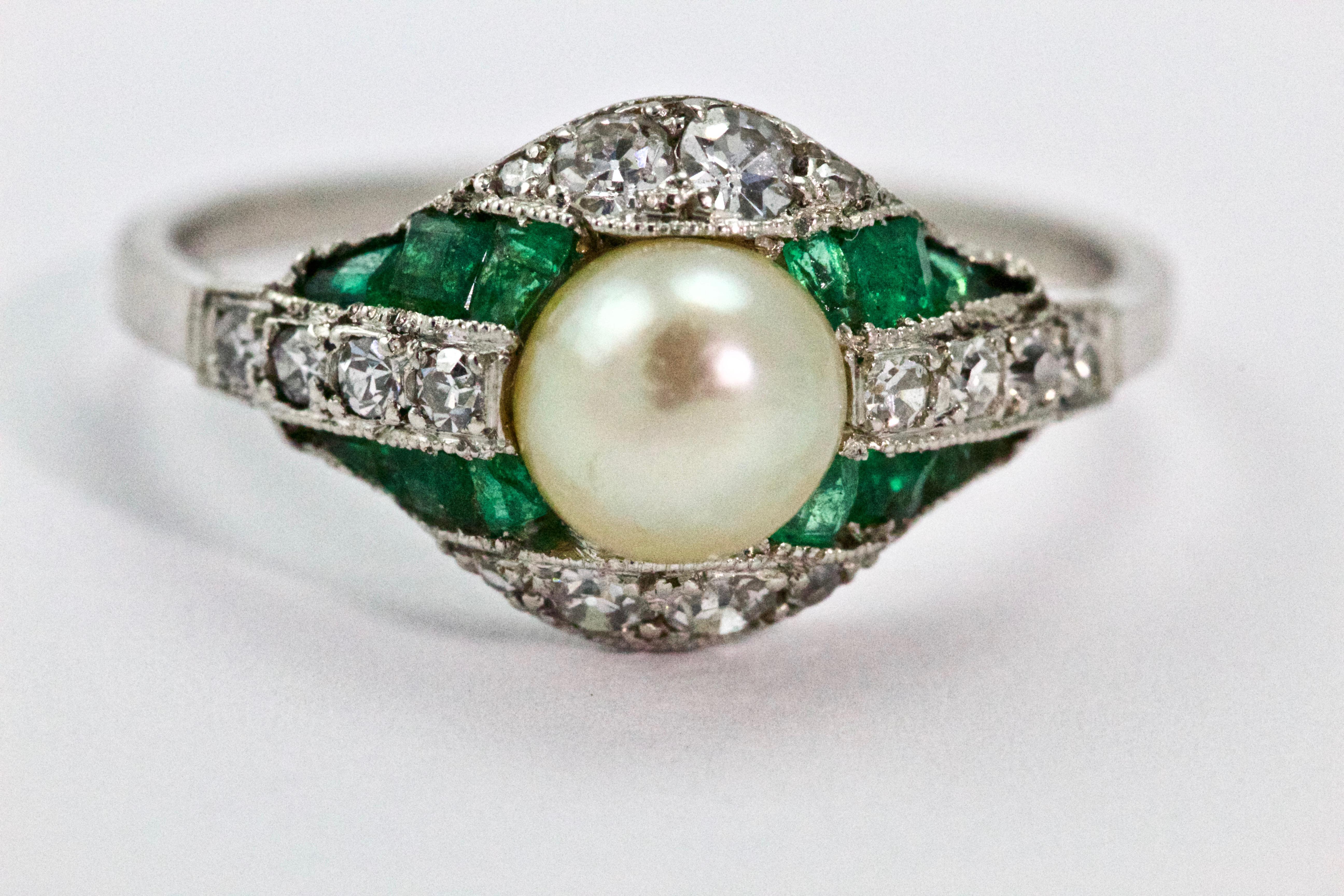 Women's Platinum Belle Époque Emerald Natural Pearl and Diamond Cocktail Ring