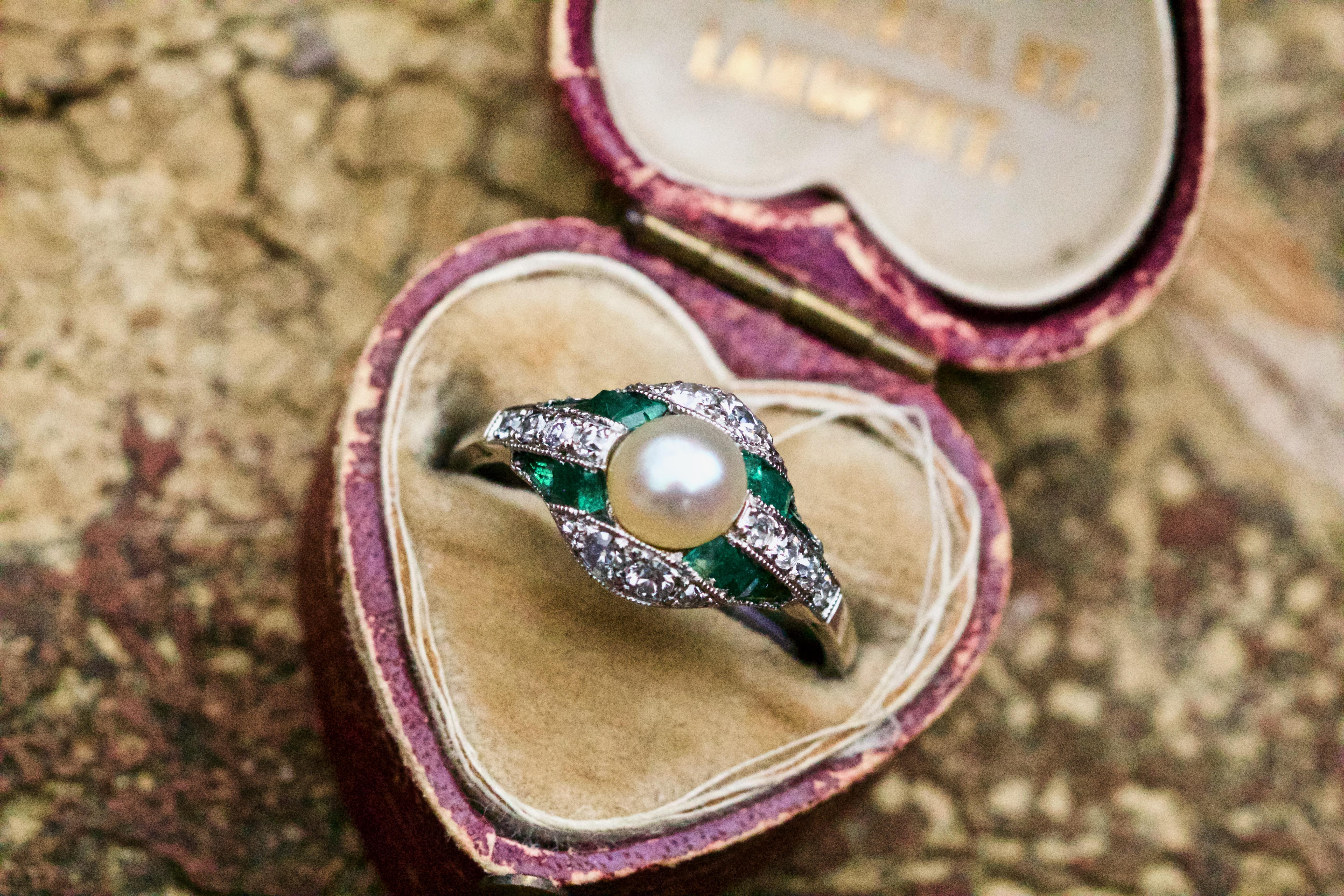 Platinum Belle Époque Emerald Natural Pearl and Diamond Cocktail Ring 1