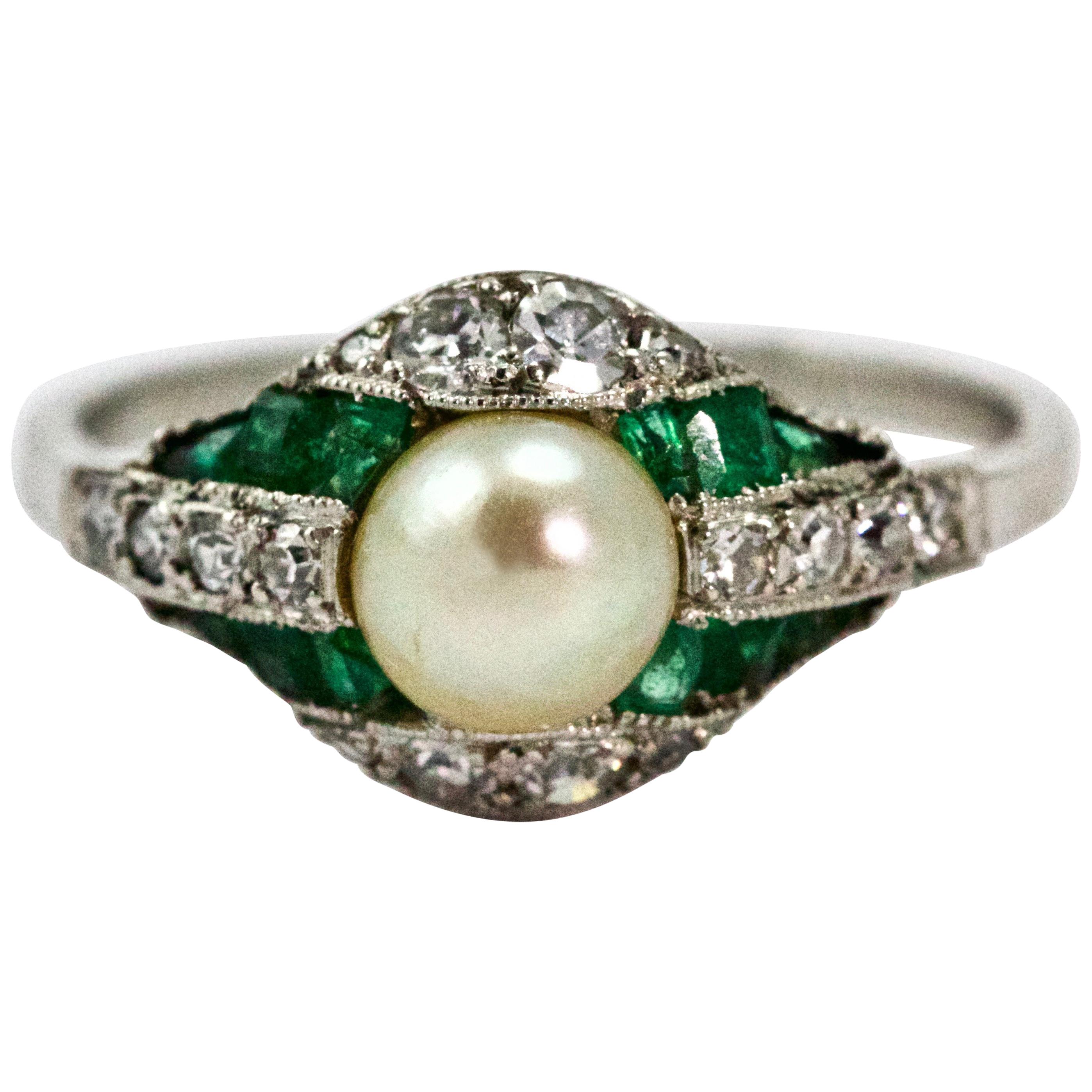 Platinum Belle Époque Emerald Natural Pearl and Diamond Cocktail Ring