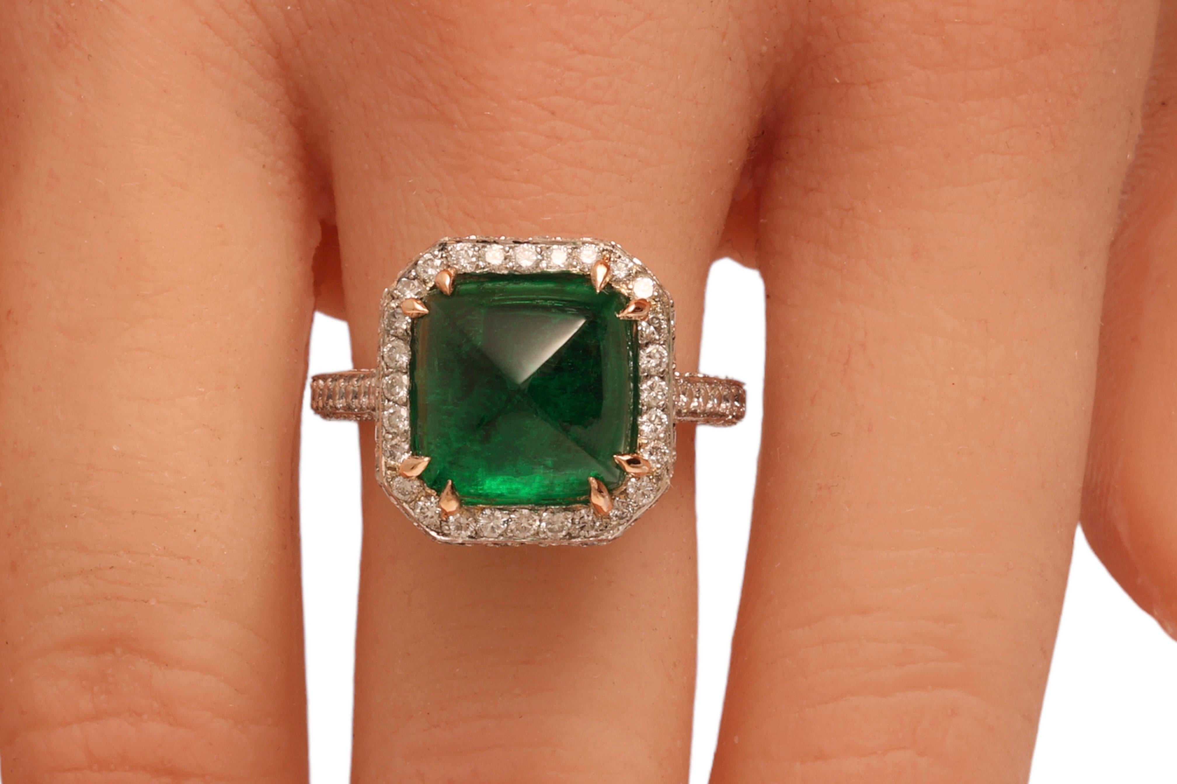 Platinum Bez Ambar Sugarloaf Cabochon 6 Ct Intense Green Emerald & Diamond Ring For Sale 5