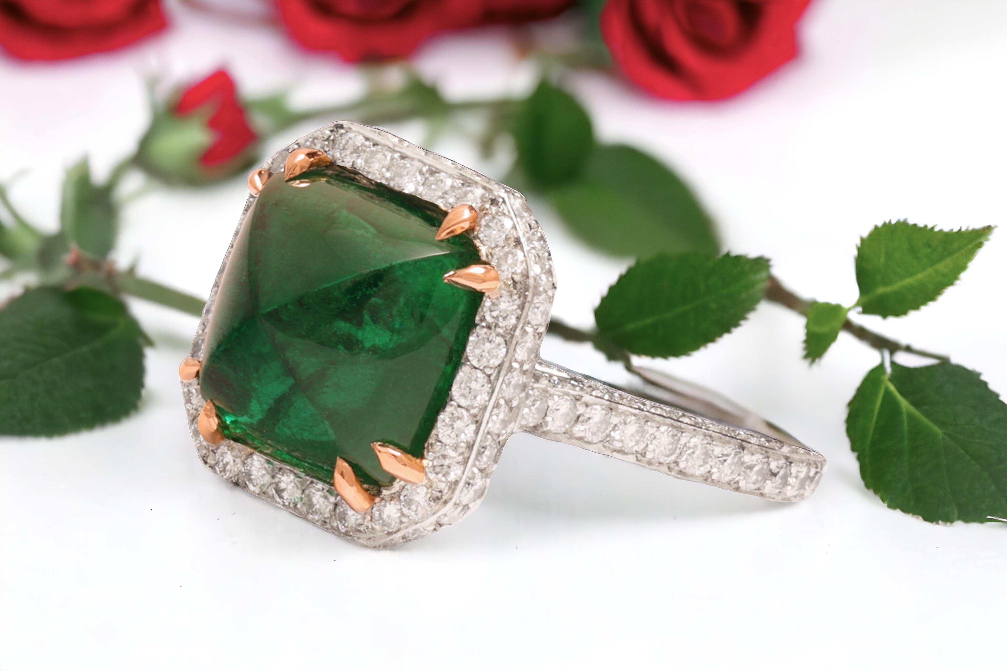 Platinum Bez Ambar Sugarloaf Cabochon 6 Ct Intense Green Emerald & Diamond Ring For Sale 6